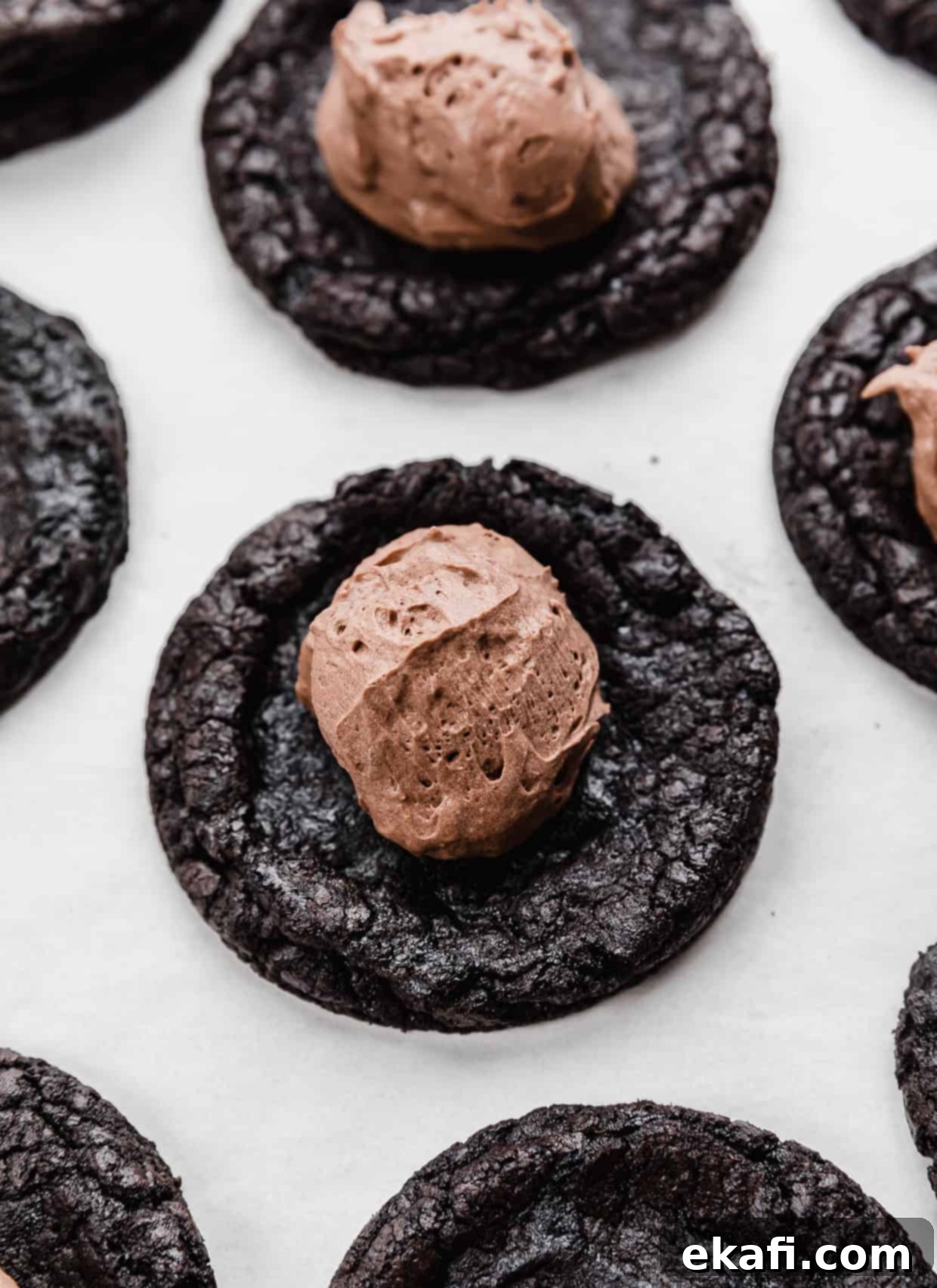 Decadent French Silk Pie Cookies 9 A dollop of chocolate mousse on top of an oreo baked cookie.