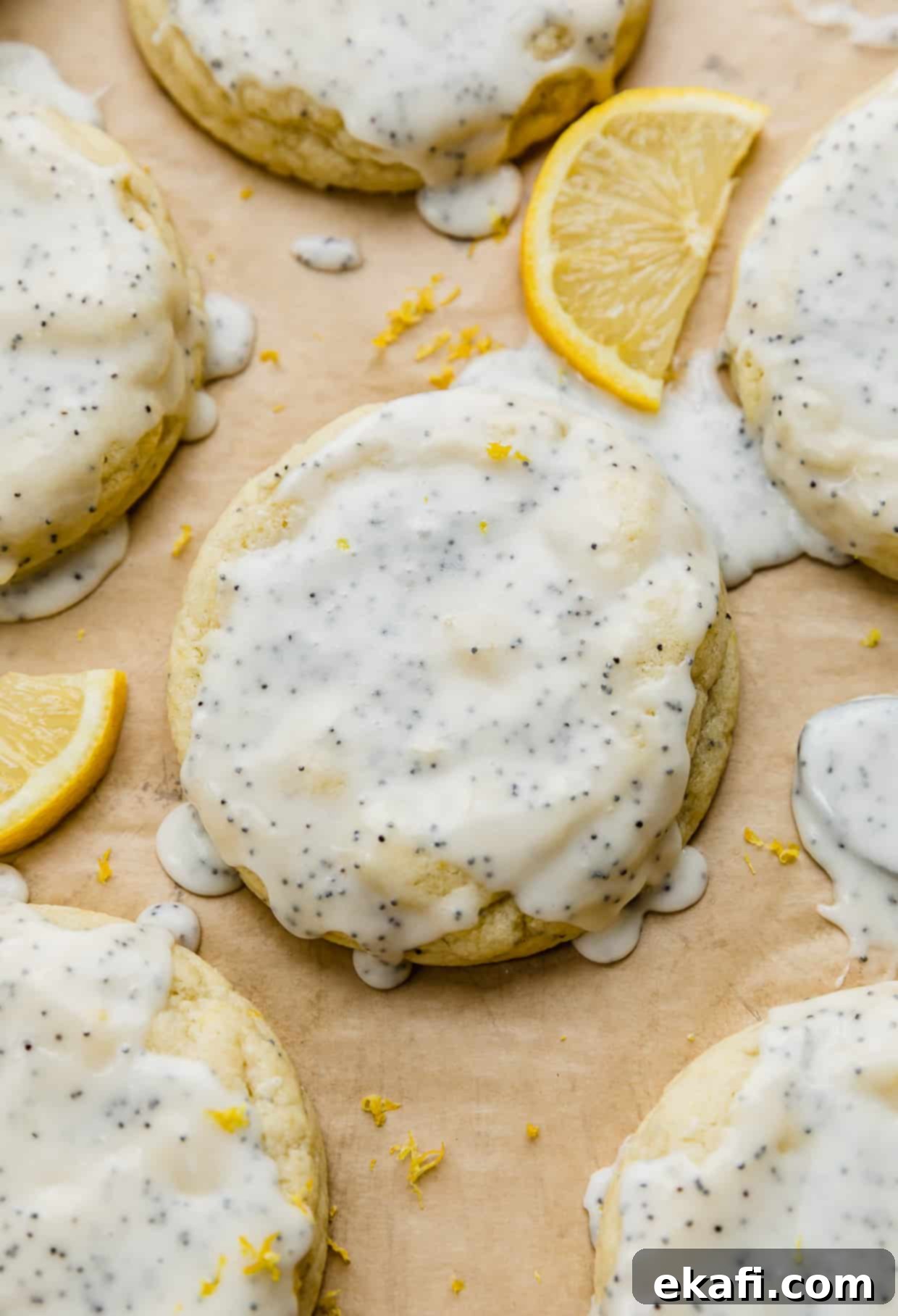 Zesty Lemon Poppy Seed Delights 2 Lemon Poppy Seed Cookies on tan parchment paper.