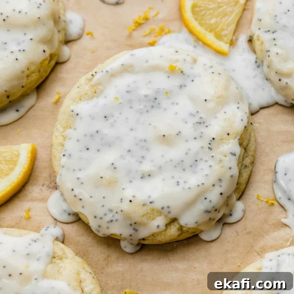 Zesty Lemon Poppy Seed Delights 13 Lemon Poppy Seed Cookies on a light brown background.