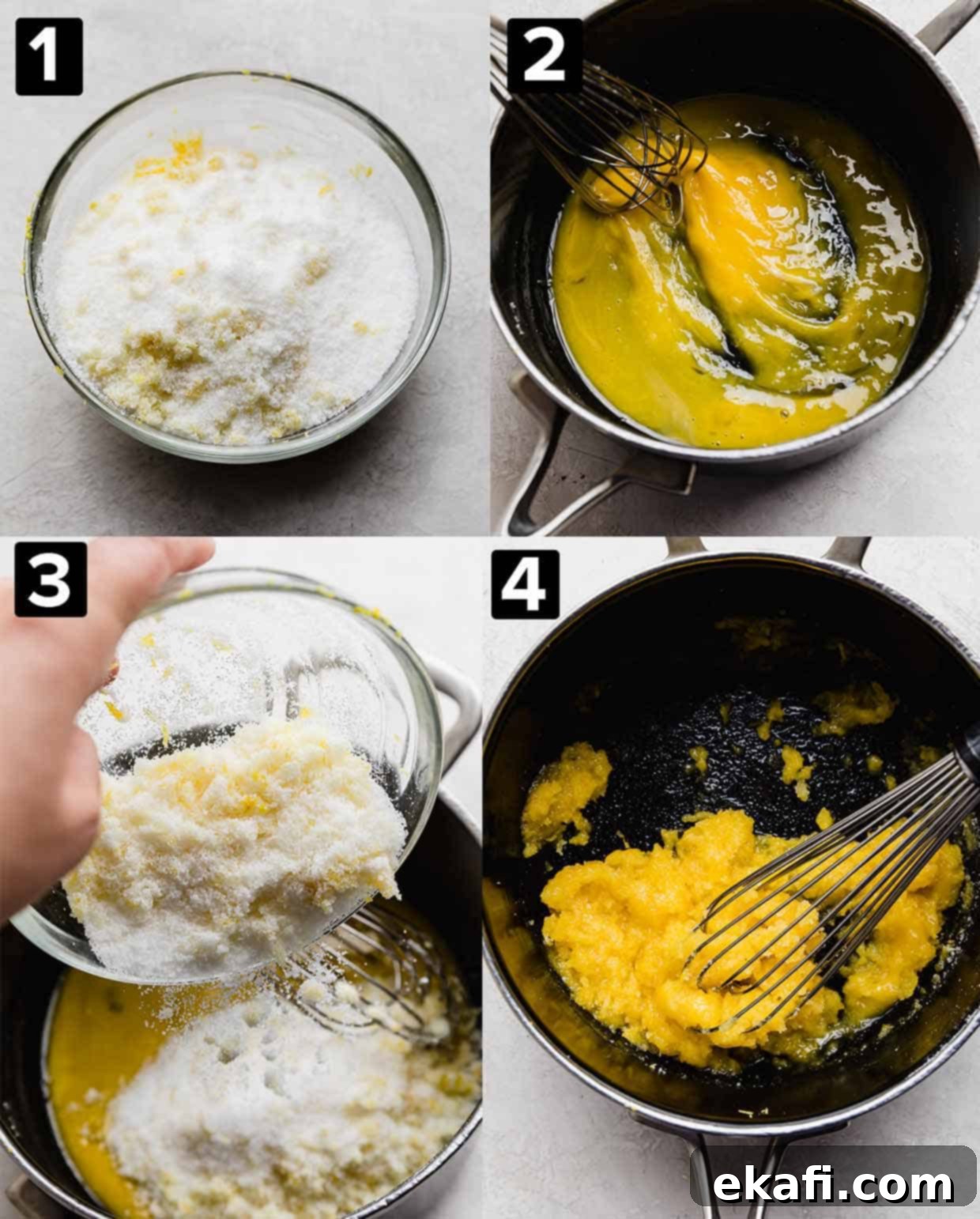 Luscious Lemon Curd Perfection 4 A photo collage of four photos showing the making of the most amazing Lemon Curd Recipe; egg yolks in a pot, lemon sugar being poured into pot, mixing the yolk and sugar mixture.