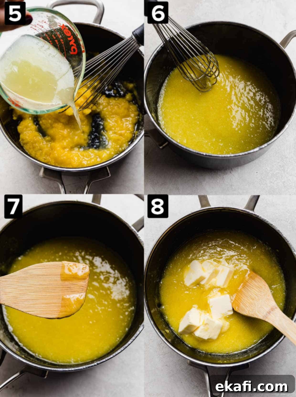 Luscious Lemon Curd Perfection 5 Four photos showing how to make lemon curd: lemon juice poured into a black pot, a whisk stirring the curd mixture, a wooden spoon with yellow lemon curd on it, and butter pieces in the lemon curd.