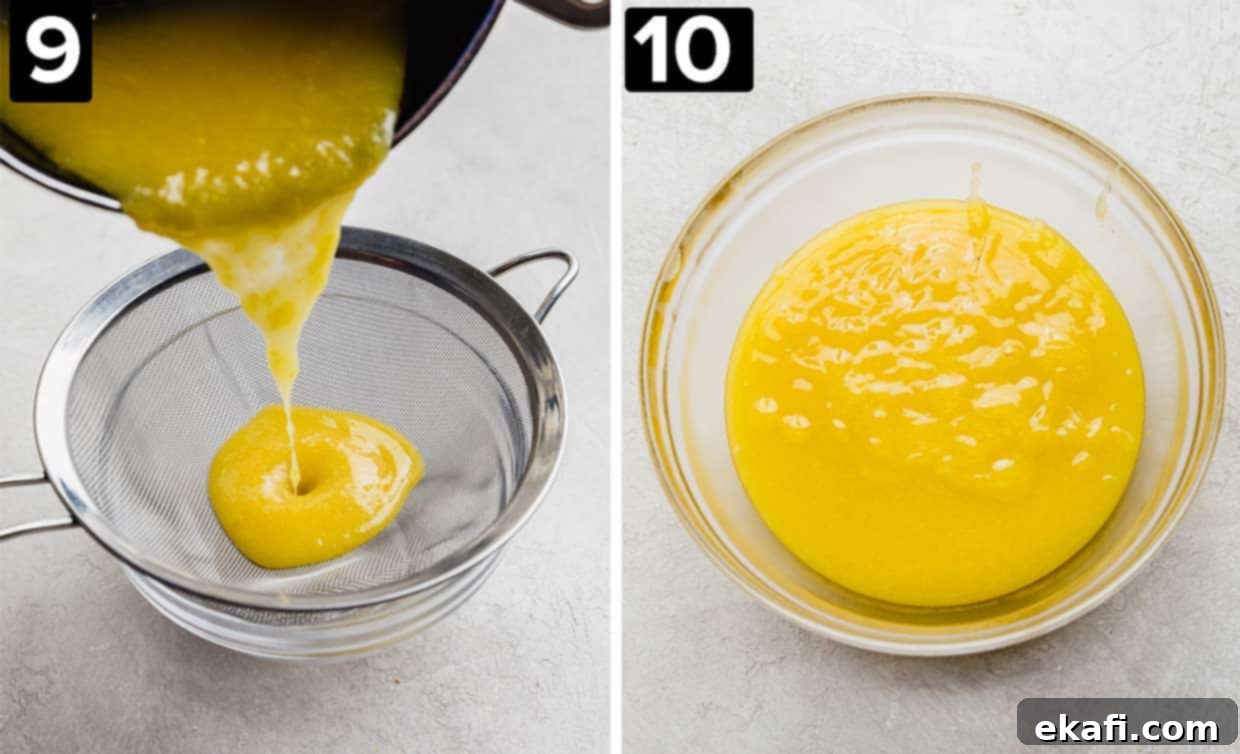 Luscious Lemon Curd Perfection 6 Two photos side by side: left photo shows lemon curd being poured through a fine mesh sieve, right photo is yellow lemon curd in a glass bowl on a white background.