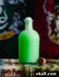 Shape-Shifter's Brew 8 A glass potion bottle filled with vibrant green Harry Potter Polyjuice Potion, charmingly placed in front of Slytherin and Gryffindor house flags.