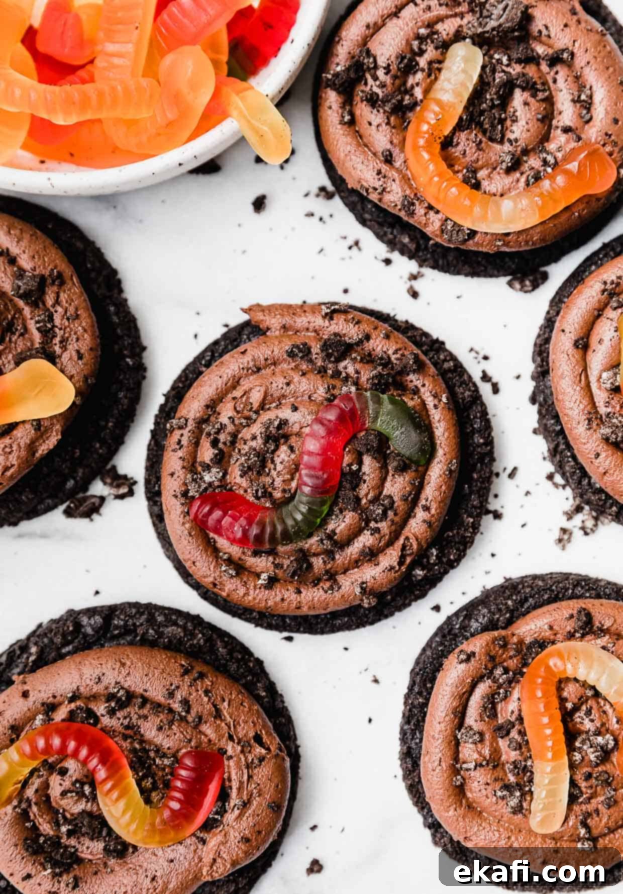 Oreo Mud Pie Cookies 12 Overhead photo of Dirt Cake Cookies on a white background.