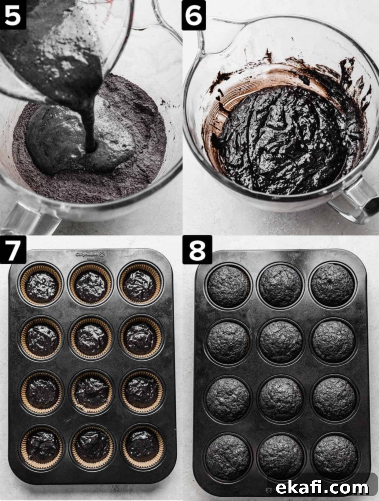 Phantom Frosted Treats 5 Four images top left to bottom right: black cocoa cupcake batter in a glass bowl, black cupcake batter in glass bowl, cupcake tin with cupcake batter in each compartment, baked black velvet cupcakes in muffin tin.