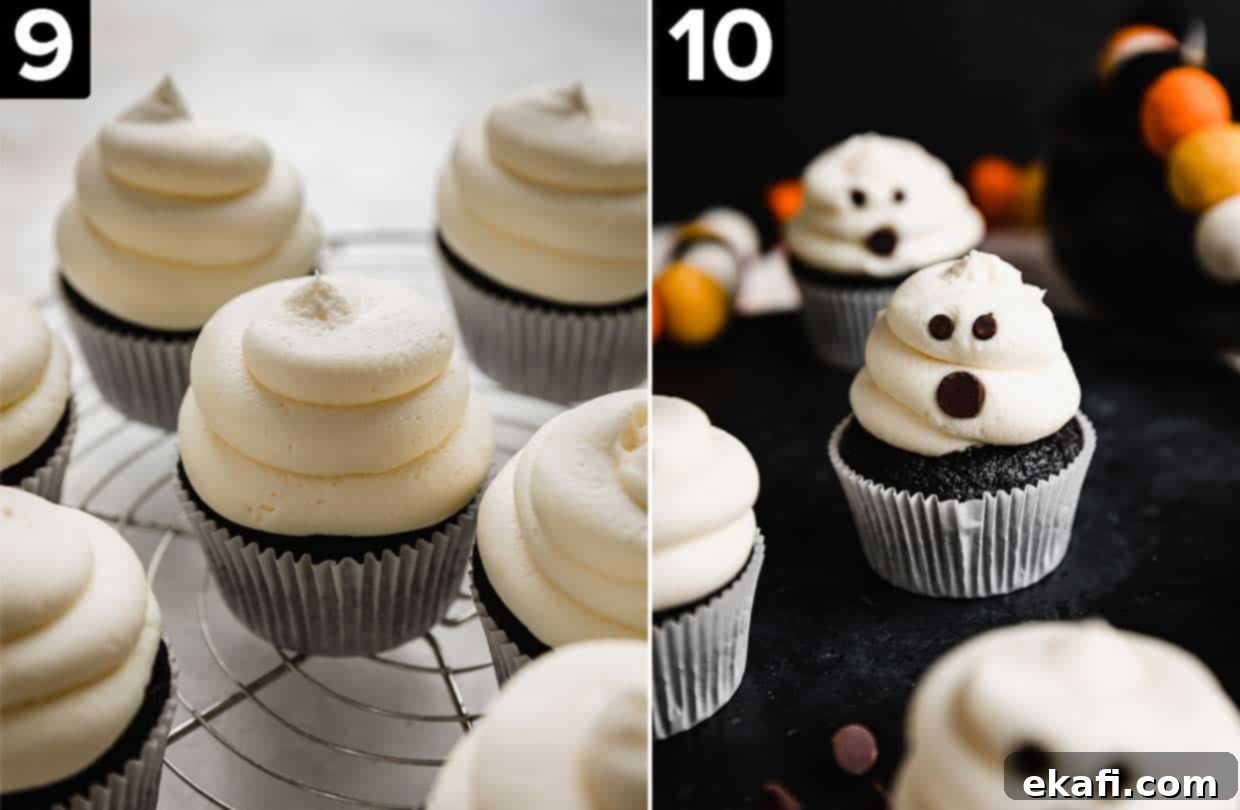 Phantom Frosted Treats 6 Two images: left photo has white frosting topped cupcakes, right photo is of Ghost Cupcakes against a black background.