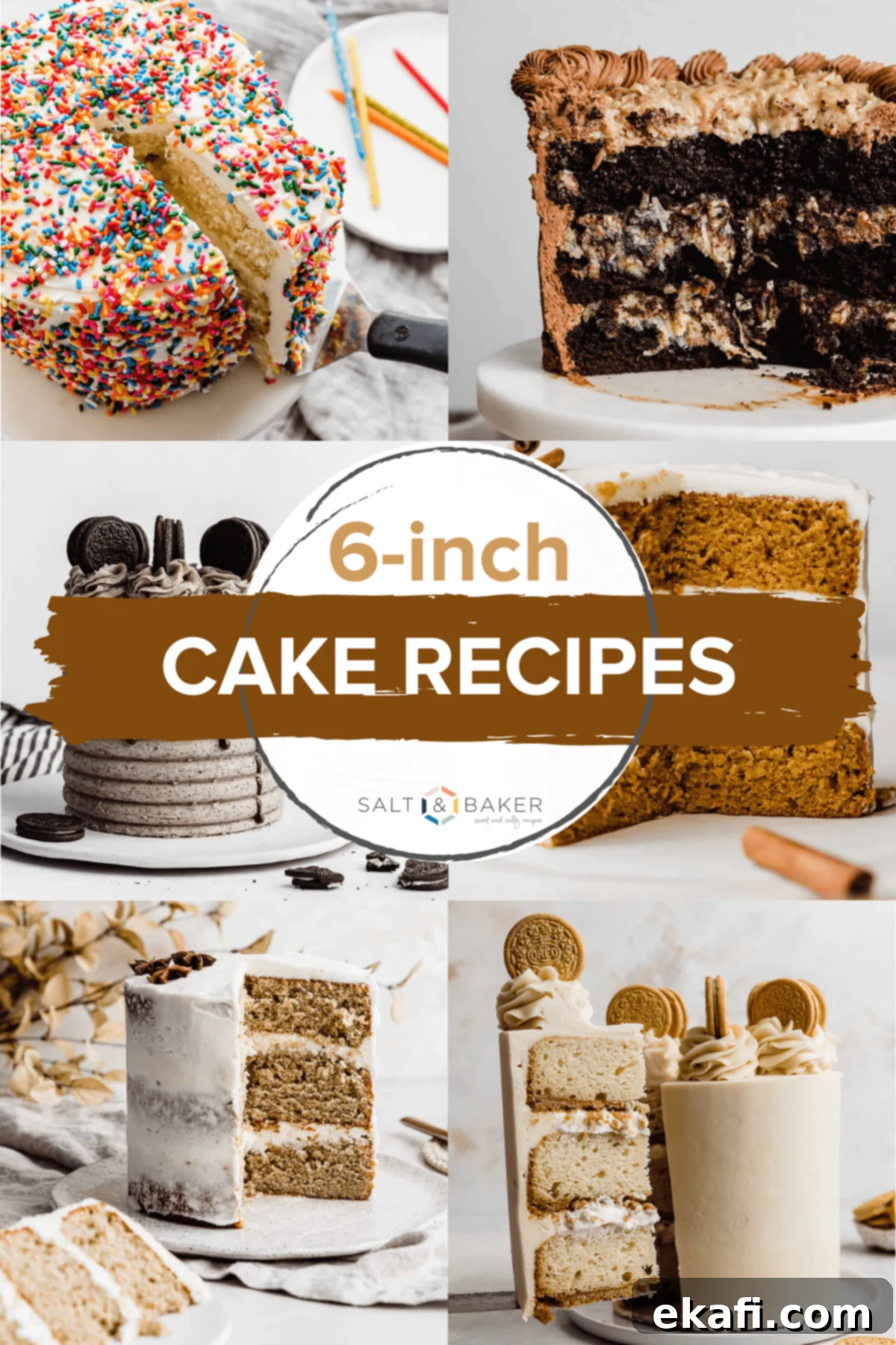 Petite Cake Perfection 2 A collection of images featuring delicious 6-inch layer cakes! Including Coconut Cookies and Cream Cake, German Chocolate Cake, Pumpkin Cake, Golden Oreo Cake, and Spice Cake.