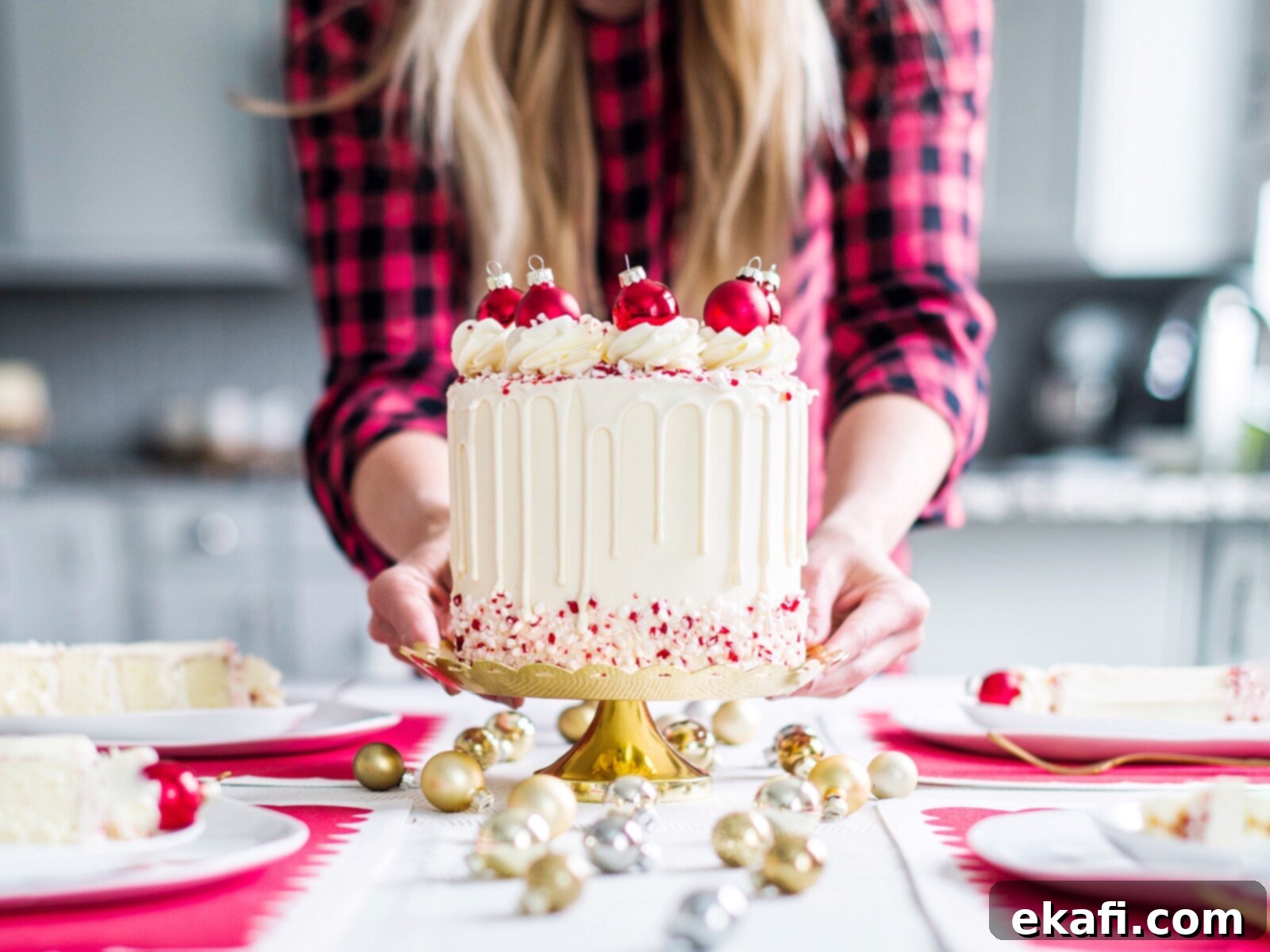 Petite Cake Perfection 12 White Chocolate Peppermint Cake with festive decorations, perfect for holidays.