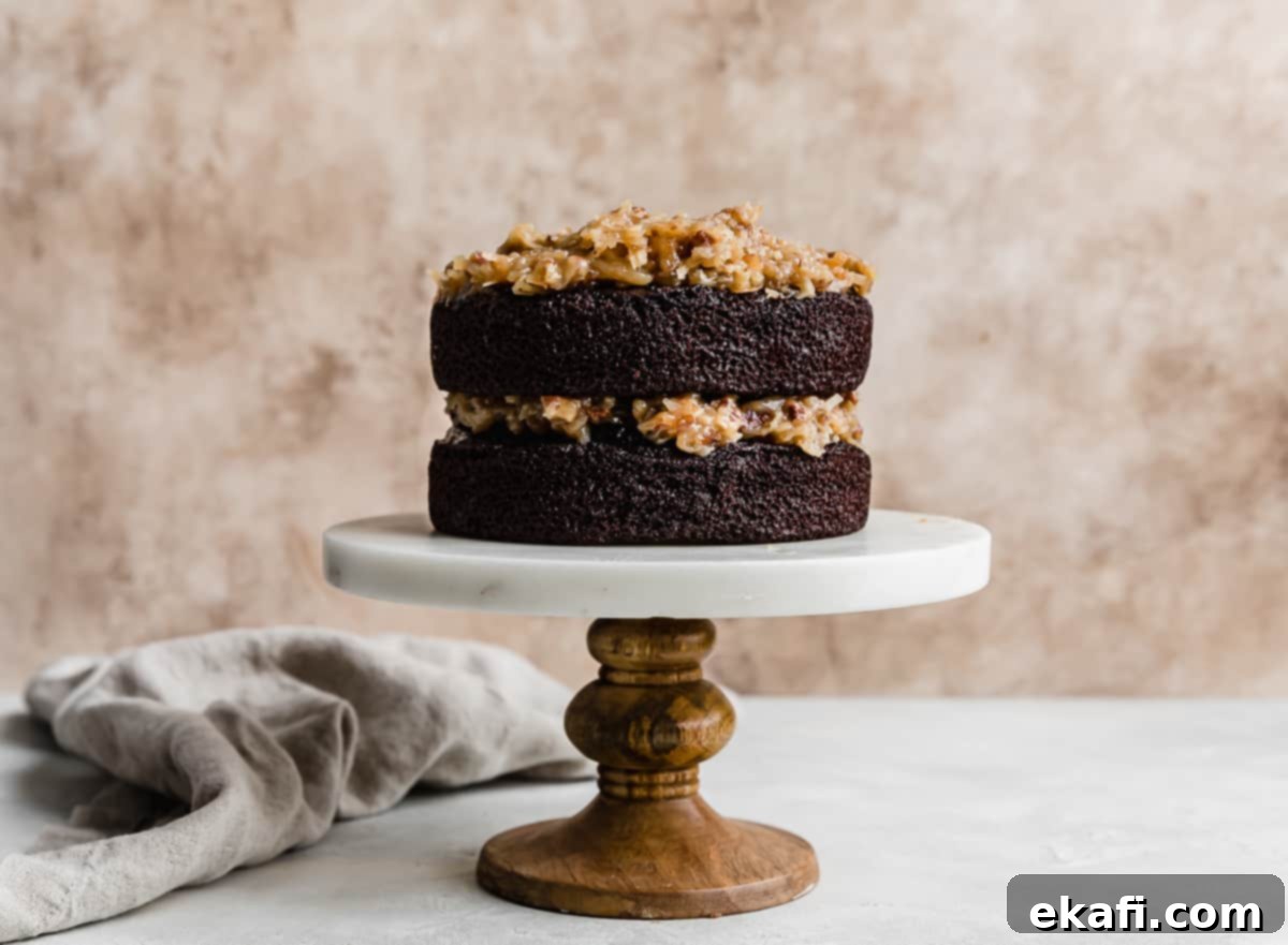 Petite Cake Perfection 4 A photo of a two layer German Chocolate Cake with coconut pecan frosting between the layers.