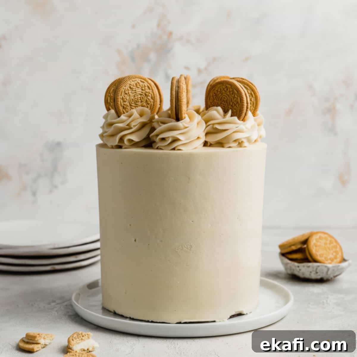 Petite Cake Perfection 6 A three layer Golden Oreo Cake on a white plate against a white textured background.
