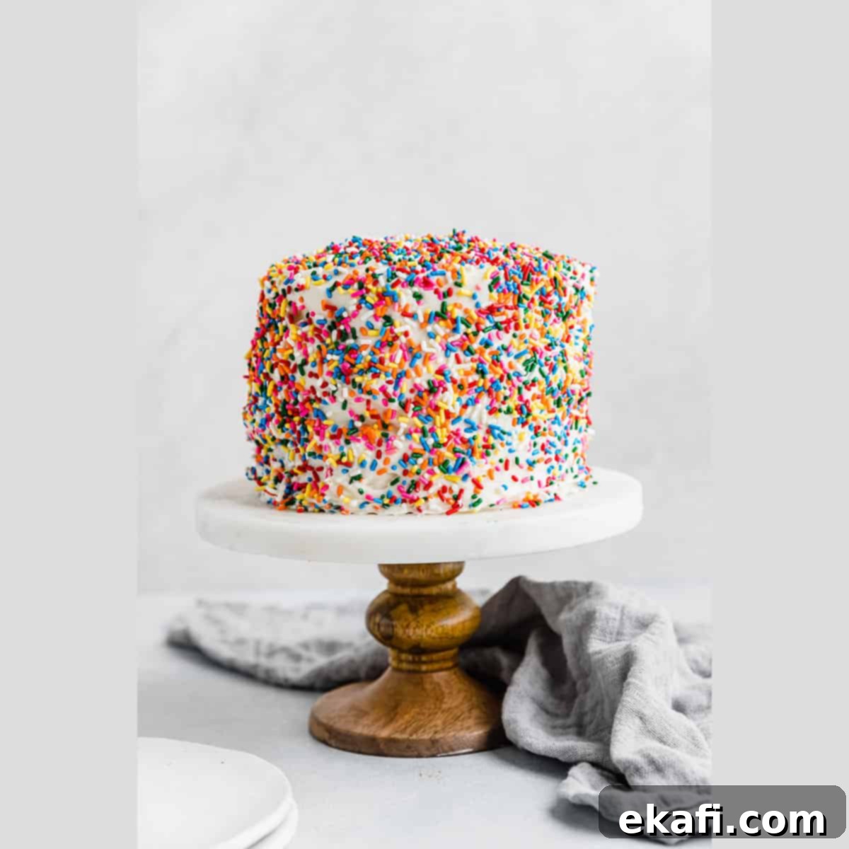 Petite Cake Perfection 8 A sprinkle covered Smash Cake Recipe on a white marbled cake stand for a first birthday celebration.