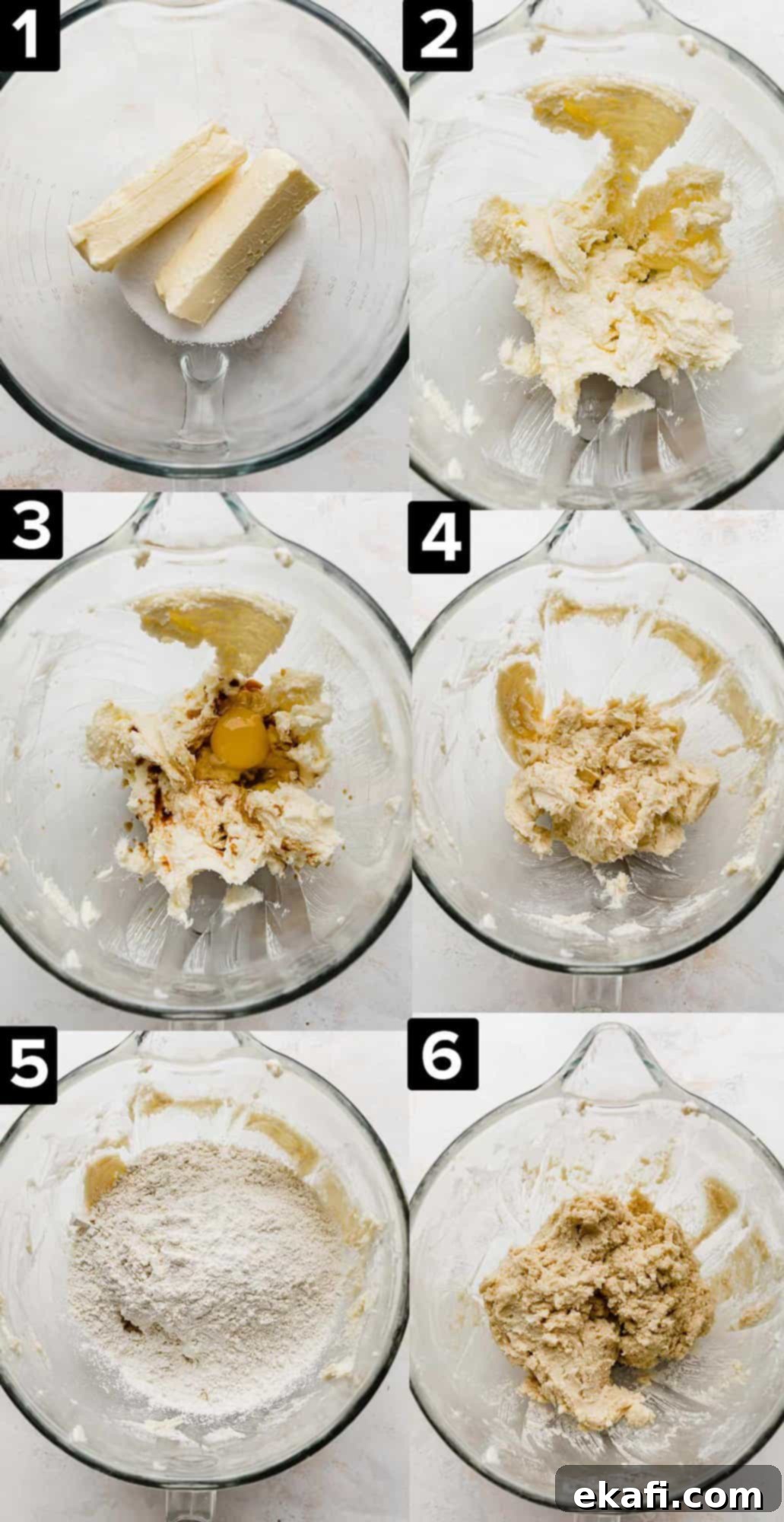 Frosted Sugar Cookie Bars 4 Six process photos showing how to make Sugar Cookie Bars, all photos feature a glass mixing bowl on a white background with various steps of adding butter, sugar, mixing and adding dry ingredients to form a dough.