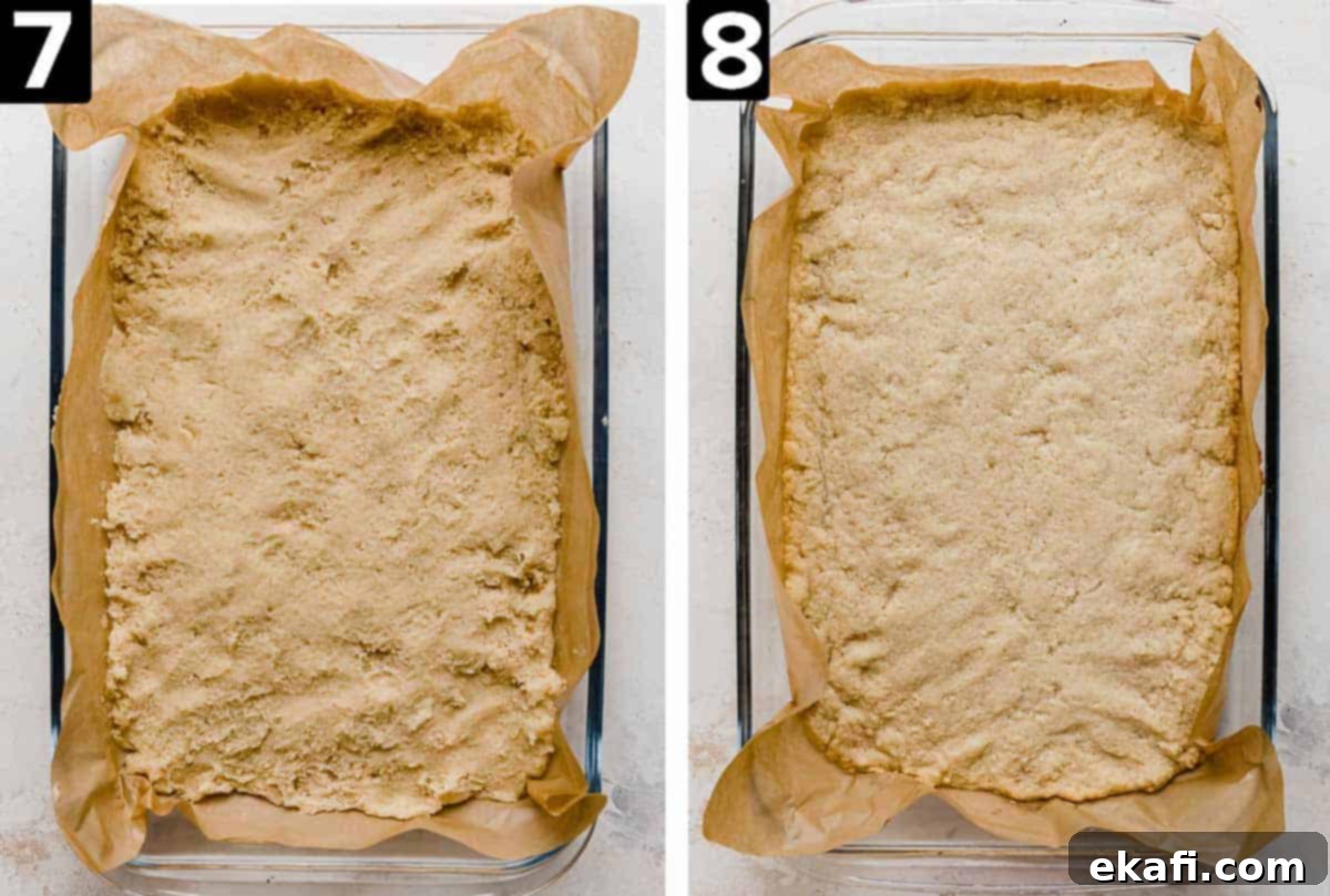 Frosted Sugar Cookie Bars 5 Two side by side images of sugar cookie bars in a baking dish, the left photo is unbaked, the right photo is baked Sugar Cookie Bars, showing the transformation.