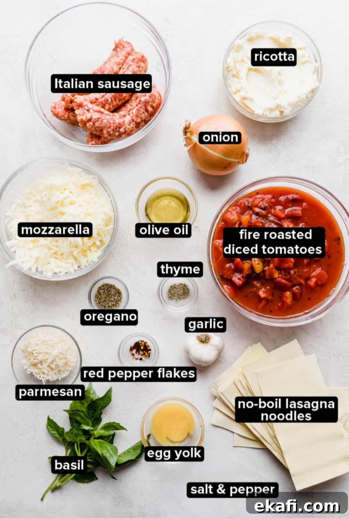 Rustic Cast Iron Lasagna 3 Cast Iron Skillet Lasagna ingredients laid out on a gray background.