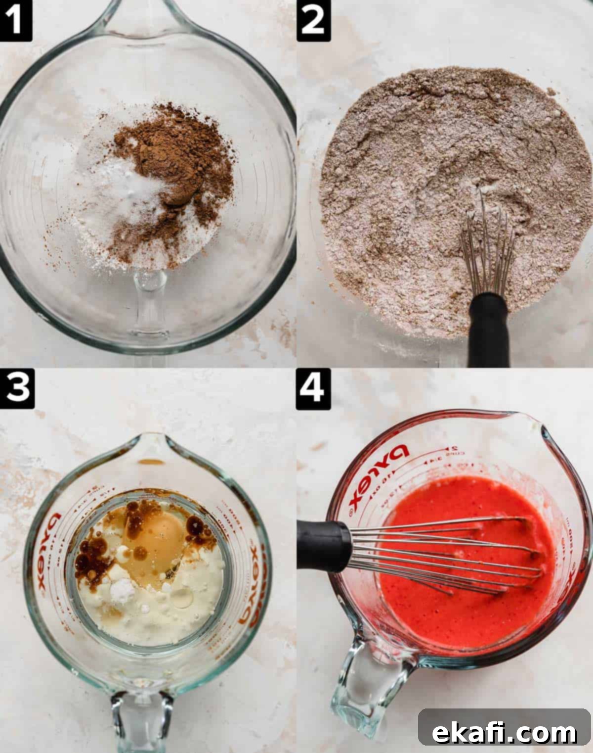 Crimson Velvet Delights 4 Four images showing how to make Red Velvet Cupcakes. Top left has dry ingredients in a glass bowl, top right photo is a whisk mixing the dry ingredients. Bottom left image is wet ingredients and egg in a glass measuring cup, bottom right image is red wet ingredients in measuring cup.