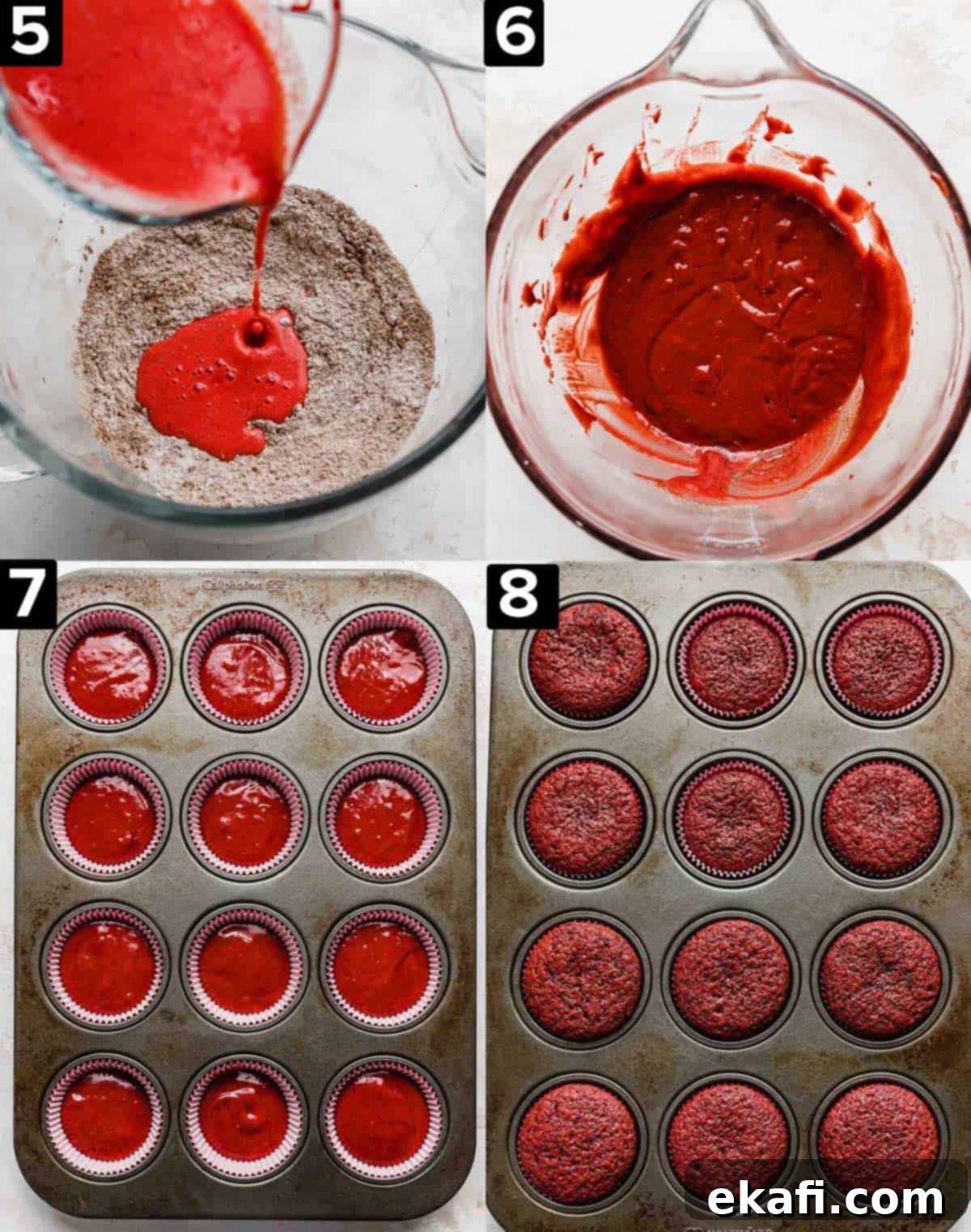Crimson Velvet Delights 5 Making red velvet cake batter in a glass mixing bowl. Bottom two images are of the batter in muffin pan unbaked, and baked.