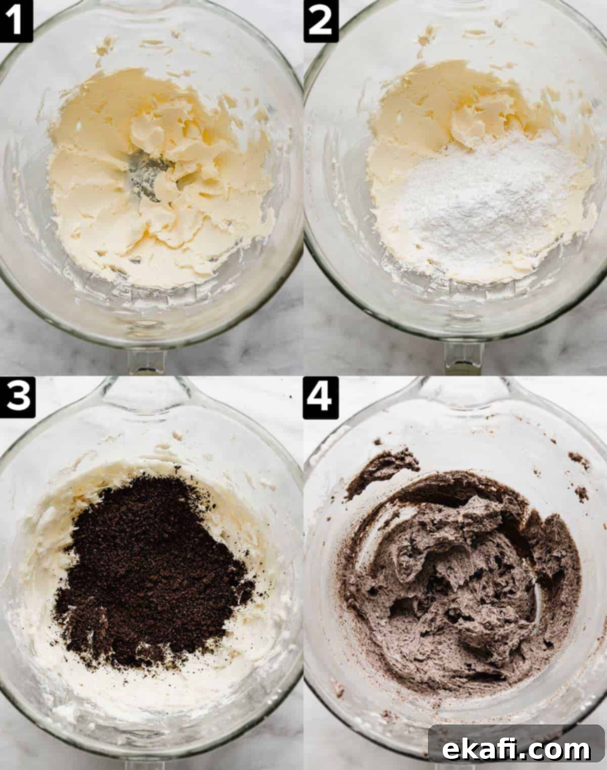 Oreo Γλάσο 4 Τέσσερις φωτογραφίες που απεικονίζουν ένα γυάλινο μπολ ανάμειξης σε λευκό φόντο, δείχνοντας πώς να φτιάξετε βουτυρόκρεμα Oreo.