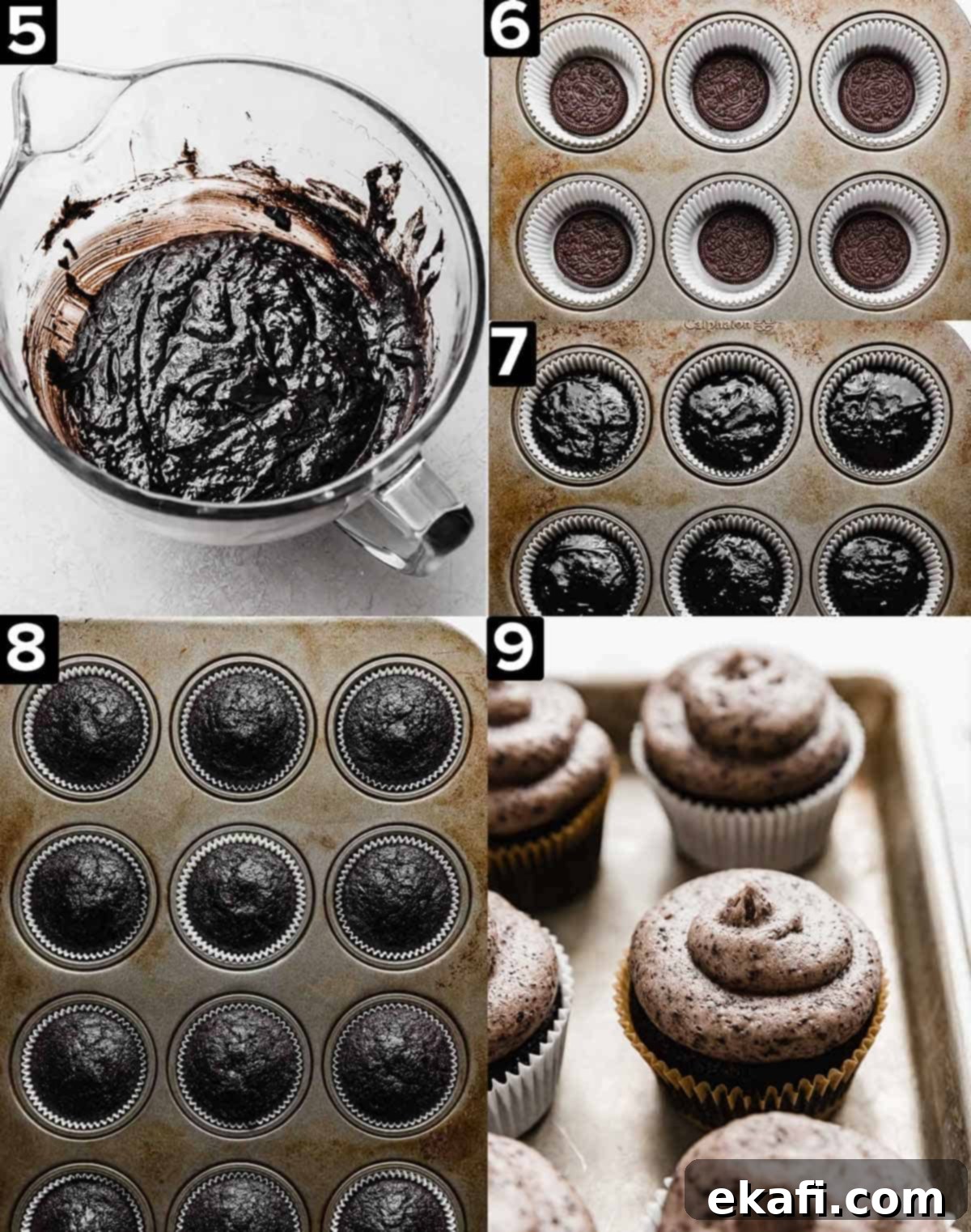Oreo Καπκέικς 7 Πέντε εικόνες που δείχνουν χυλό Oreo Cupcake, μετά Oreo cupcakes σε φόρμα cupcake, και μετά πλήρως ψημένα και γλασαρισμένα Oreo Cupcakes.