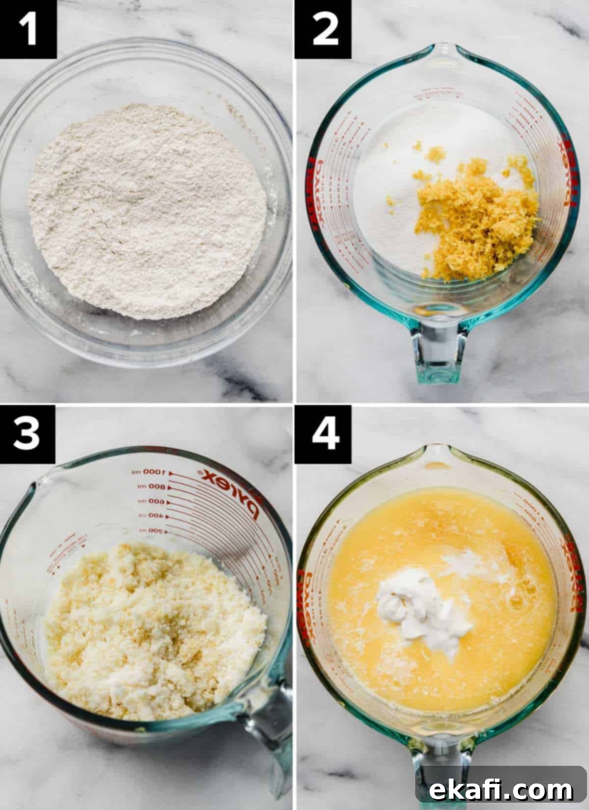 Zesty Lemon Cupcakes 4 Four images showing how to make Lemon Cupcake batter.