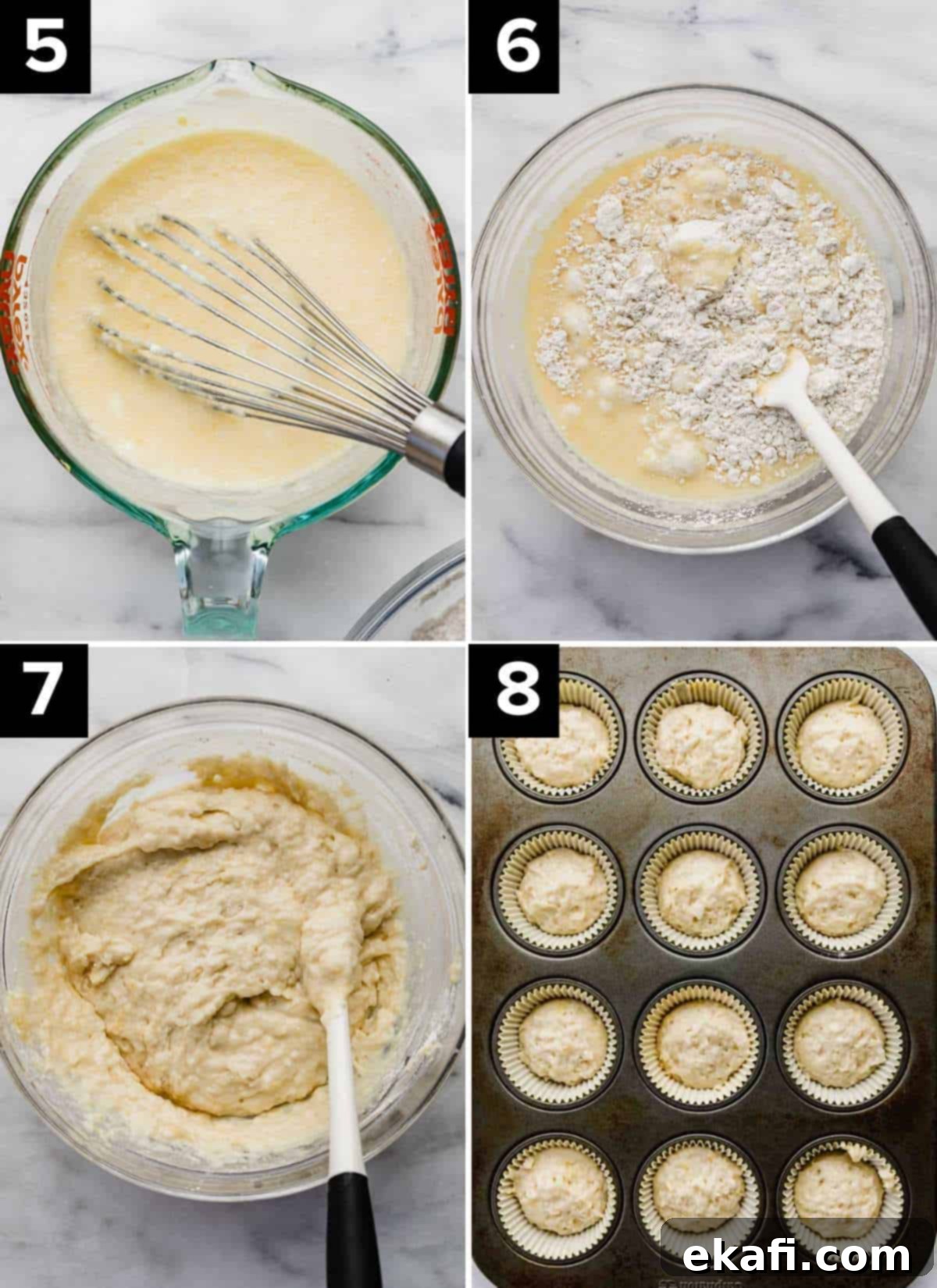 Zesty Lemon Cupcakes 5 Four images showing how to make Lemon Cupcakes, a whisk stirring the batter, then the batter portioned into cupcake pan.