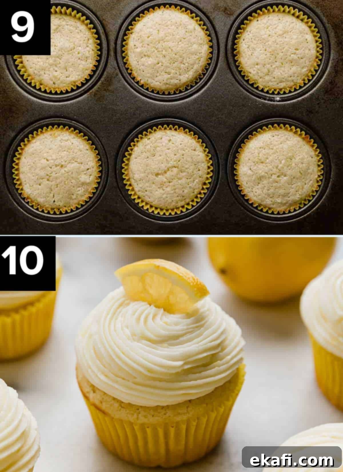 Zesty Lemon Cupcakes 6 Two images, top photo is baked lemon cupcakes in a cupcake pan. Bottom image is Lemon Cupcakes frosted with lemon frosting.