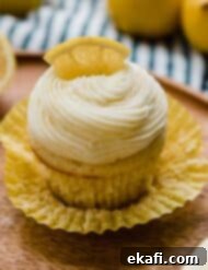 Zesty Lemon Cupcakes 9 Lemon Cupcake topped with a swirl of lemon frosting and a lemon wedge on a brown background.