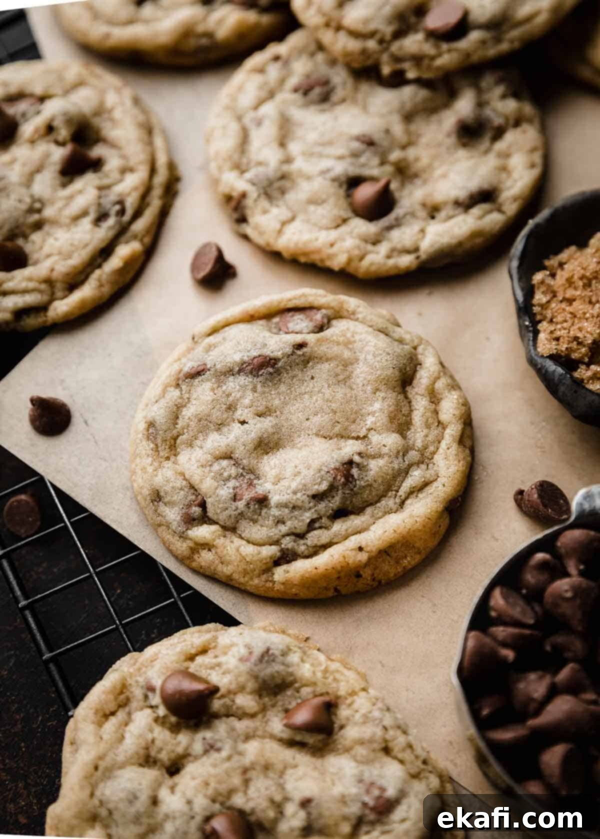 Irresistible Milk Chocolate Chip Cookies 7 A collection of the best Milk Chocolate Chip Cookies arranged on Kraft colored parchment paper, surrounded by loose milk chocolate chips.