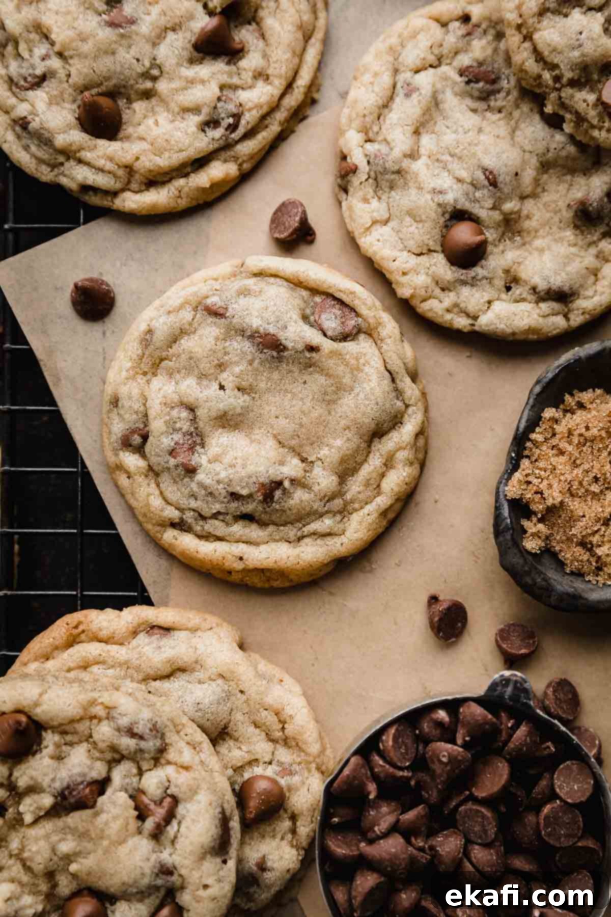 Irresistible Milk Chocolate Chip Cookies 8 A single Milk Chocolate Chip Cookie presented on Kraft parchment paper, surrounded by a bowl of milk chocolate chips and brown sugar for a rustic appeal.