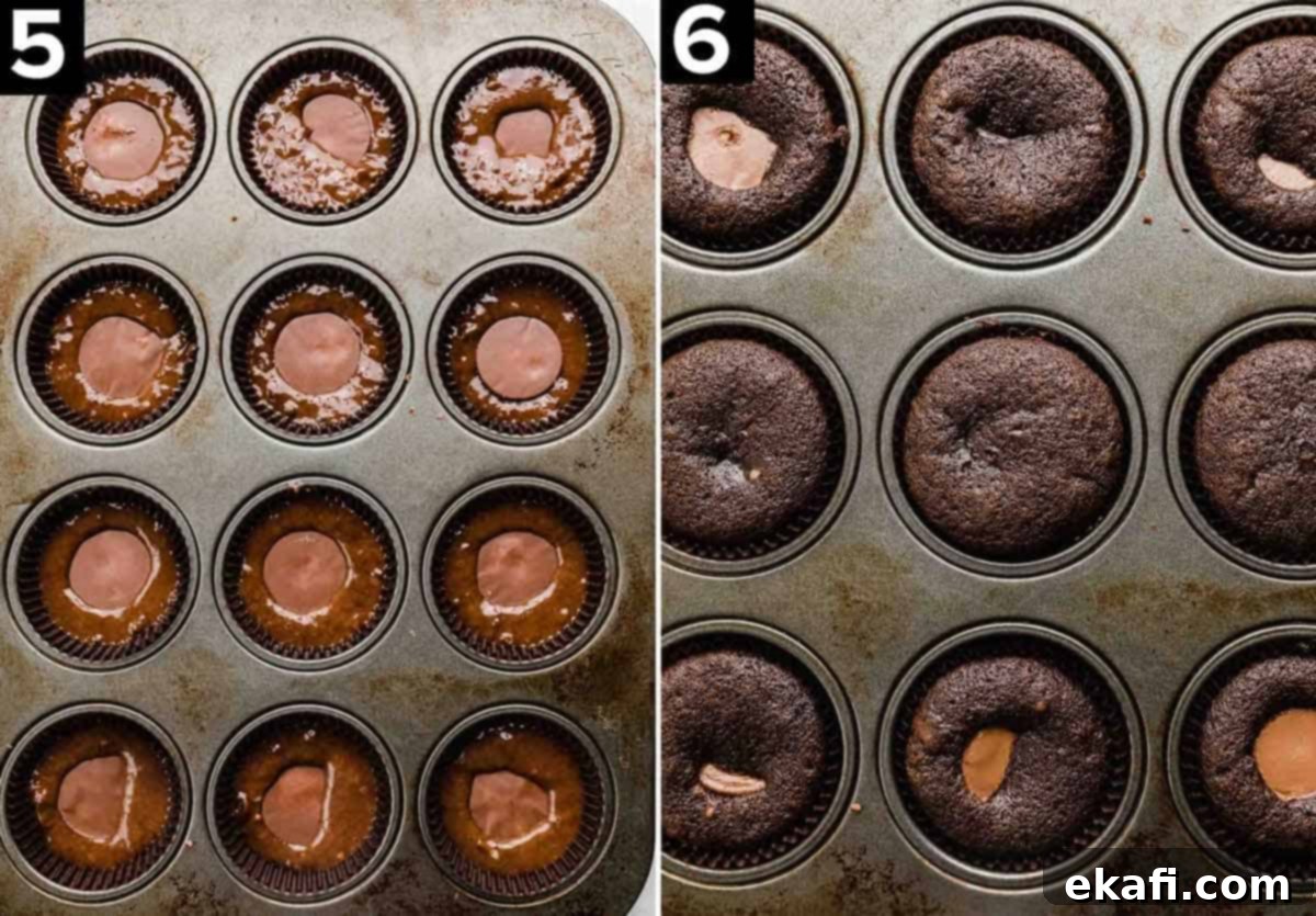 Reeses Peanut Butter Cupcakes 6 Two images, left image is unbaked Reeses Cupcakes with a full Reeses peanut butter cup in the batter, right photo is baked Reeses Cupcakes in a cupcake pan.