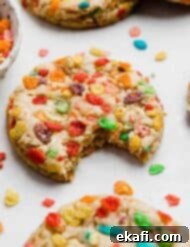 Μπισκότα με Φρουτένια Δημητριακά 8 Ένα Fruity Pebbles Cookie με μία δαγκωματιά, σε λευκό φόντο.