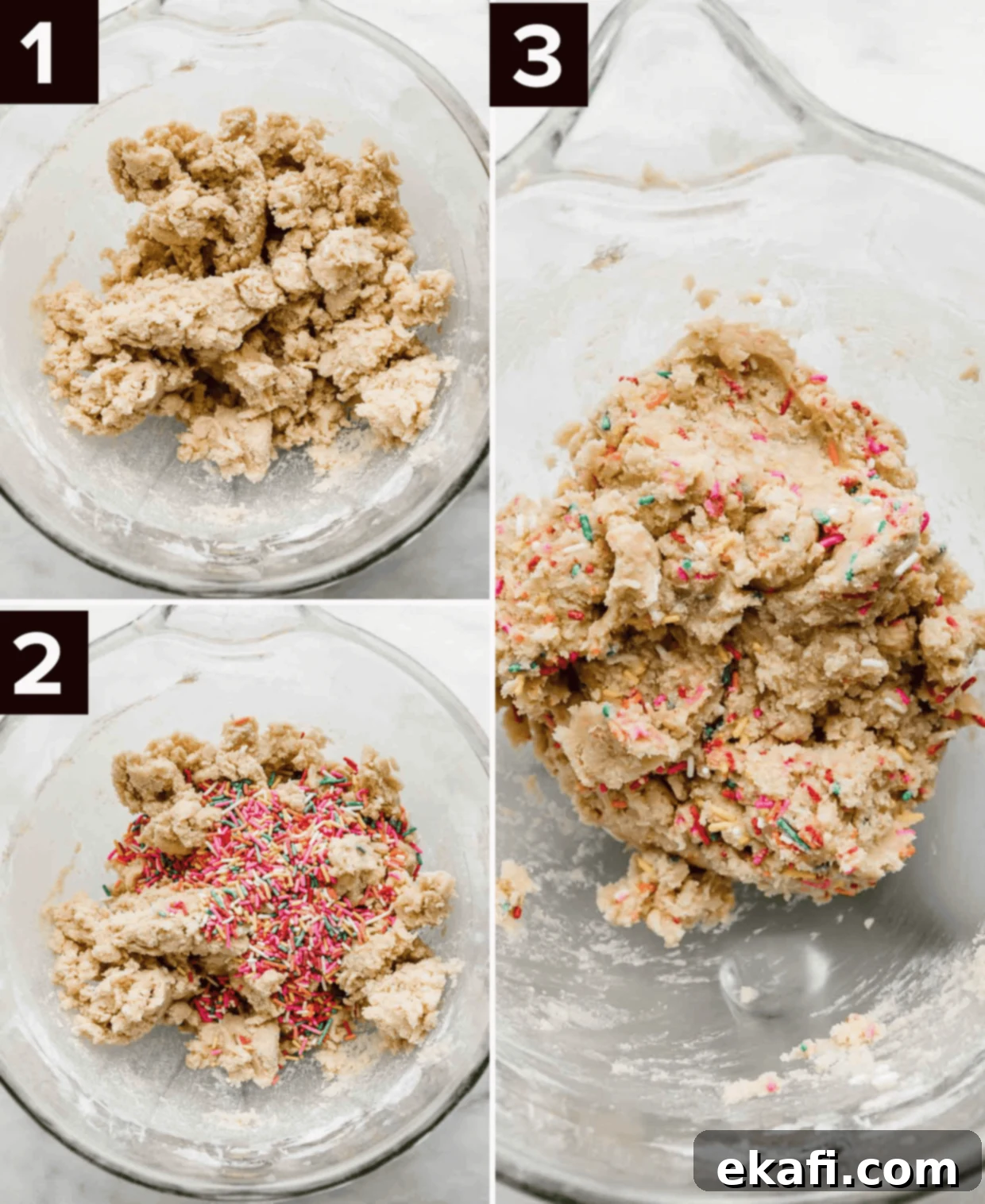 Celebration Cookies 4 A series of three step-by-step photos illustrating the process of making Funfetti Cookie dough in a glass stand mixer bowl against a clean white background, showing the progression from creaming butter and sugar to mixing in dry ingredients and finally folding in sprinkles.