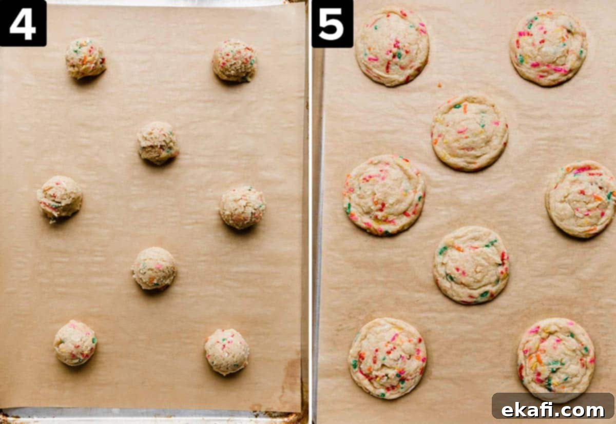 Celebration Cookies 5 Two side-by-side photos on a single baking sheet, showing (left image) perfectly portioned unbaked Funfetti Cookie dough balls ready for the oven, and (right photo) a fresh batch of golden-edged baked Funfetti Cookies cooling on the same sheet.