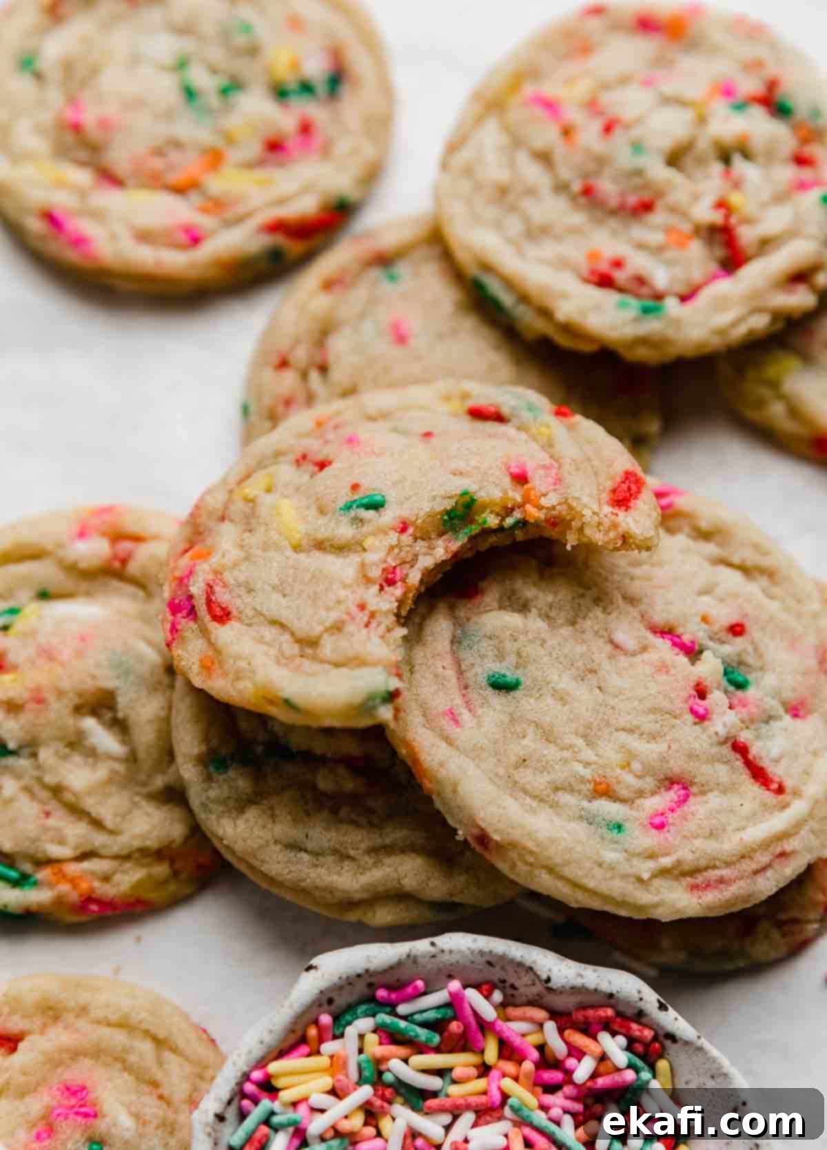 Celebration Cookies 7 The best soft funfetti cookies displayed on a clean white background, with one cookie playfully bitten into, revealing its moist interior and dense sprinkle distribution.