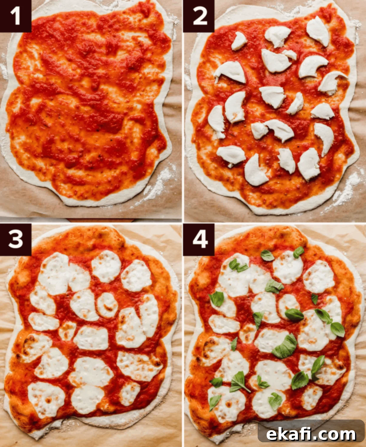 The Original Margherita Pizza 3 Four images showing the process of how to make an Authentic Margherita Pizza, using canned crushed tomatoes, fresh mozzarella, and fresh basil.