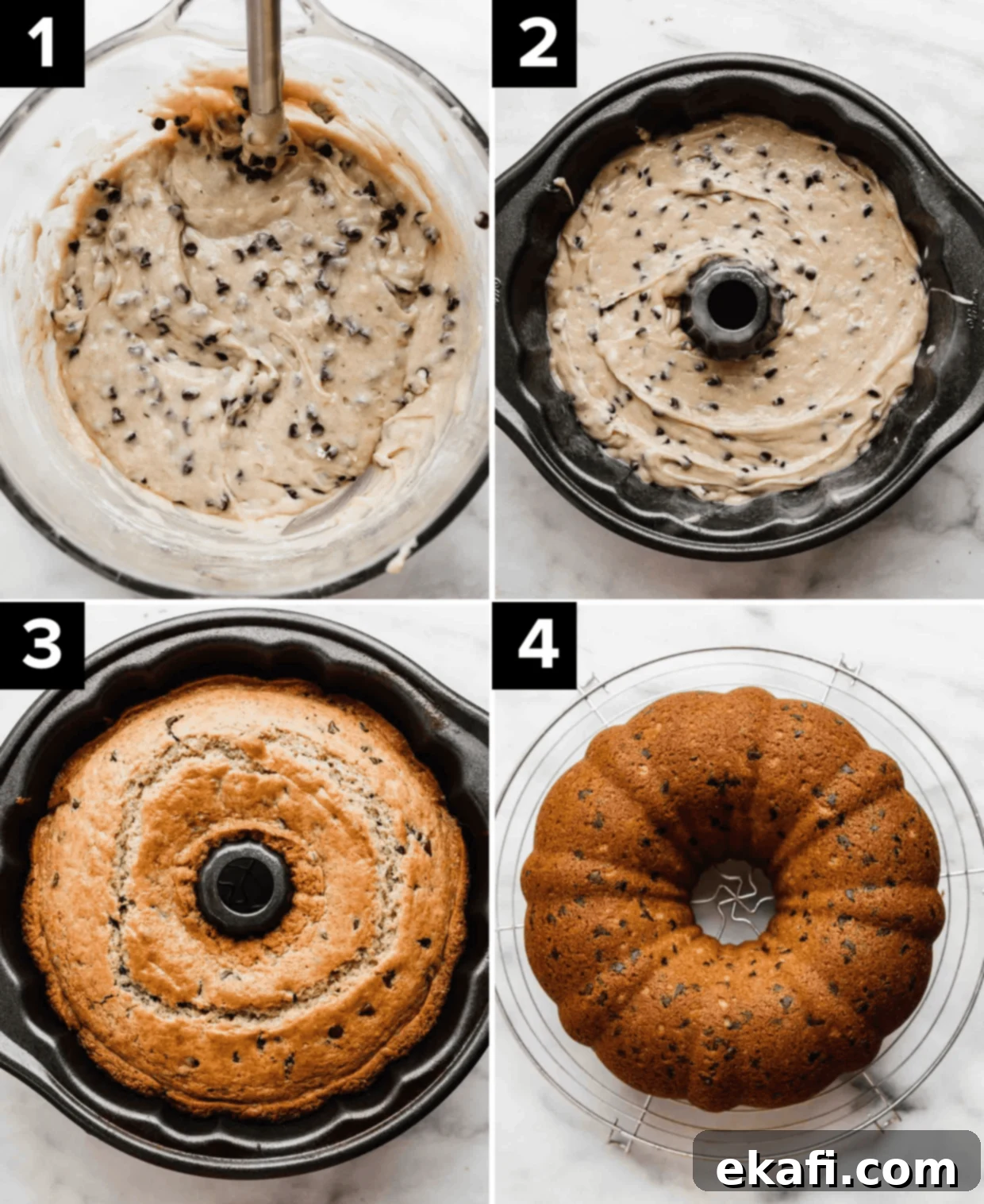 Rich Chocolate Chip Bundt Perfection 4 Four images showing Chocolate Chip Bundt Cake batter in a bowl, then in a bundt pan, and then the Chocolate Chip Bundt Cake fully baked and cooled.