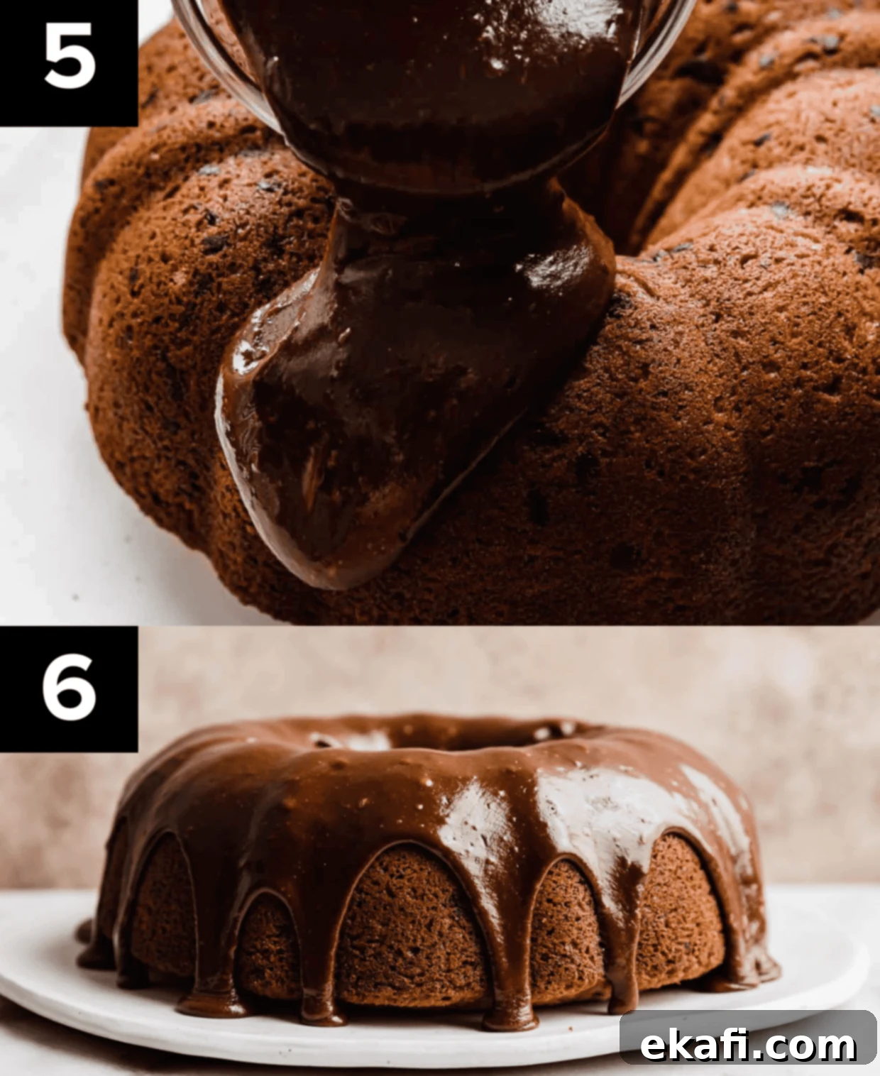 Rich Chocolate Chip Bundt Perfection 5 Two images, top image has chocolate ganache pouring overtop a Chocolate Chip Bundt Cake, bottom image is a fully chocolate glazed Chocolate Chip Bundt Cake against a light brown background.