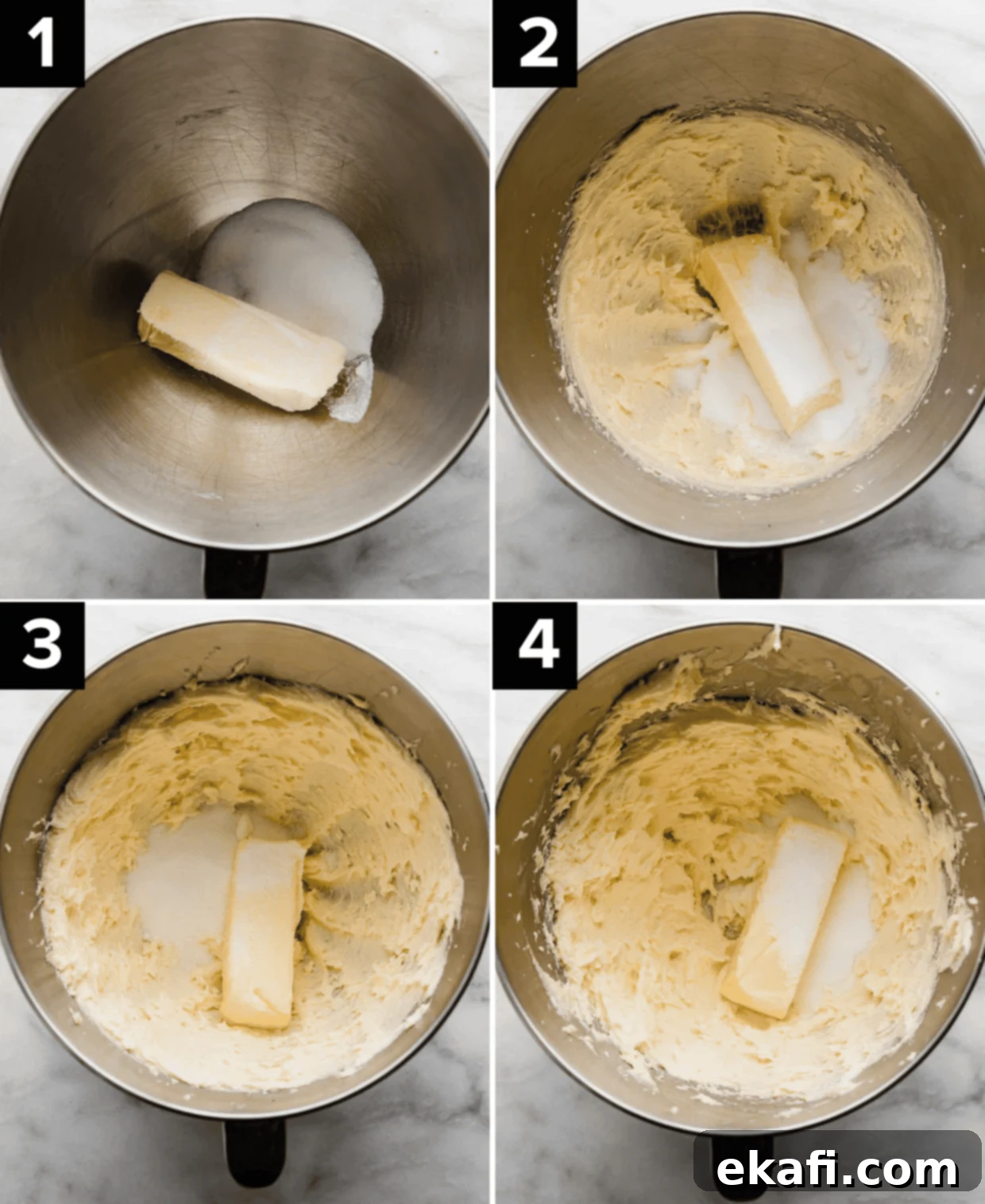 Grandma's Buttery Shortbread 4 Four images showing the making of Grandma's Shortbread Cookies, a silver mixing bowl with butter and sugar being creamed in stages.