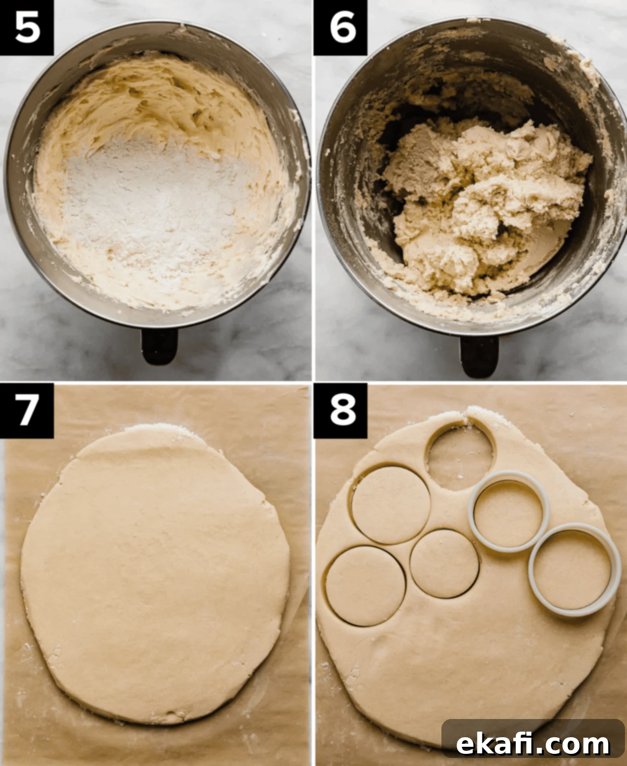 Grandma's Buttery Shortbread 5 Four photos showing how to make shortbread, top left is creamed butter, sugar, and flour, top right is shortbread cookie dough, bottom left is shortbread dough rolled into an oval, bottom right is round cutter cutting shortbread cookies from the dough.
