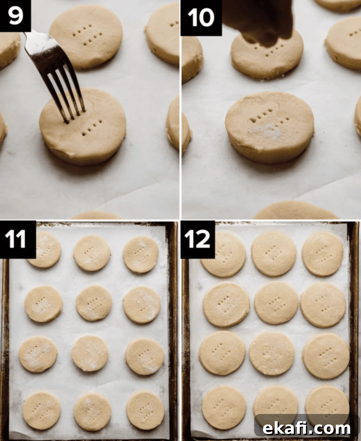 Grandma's Buttery Shortbread 6 Four photos showing the making of Grandma's Shortbread Cookies, top left photo is a fork pressing to a round shortbread cookie, top right is sugar sprinkled overtop, bottom left is shortbread on baking sheet, bottom right is baked shortbread cookies on a baking sheet.