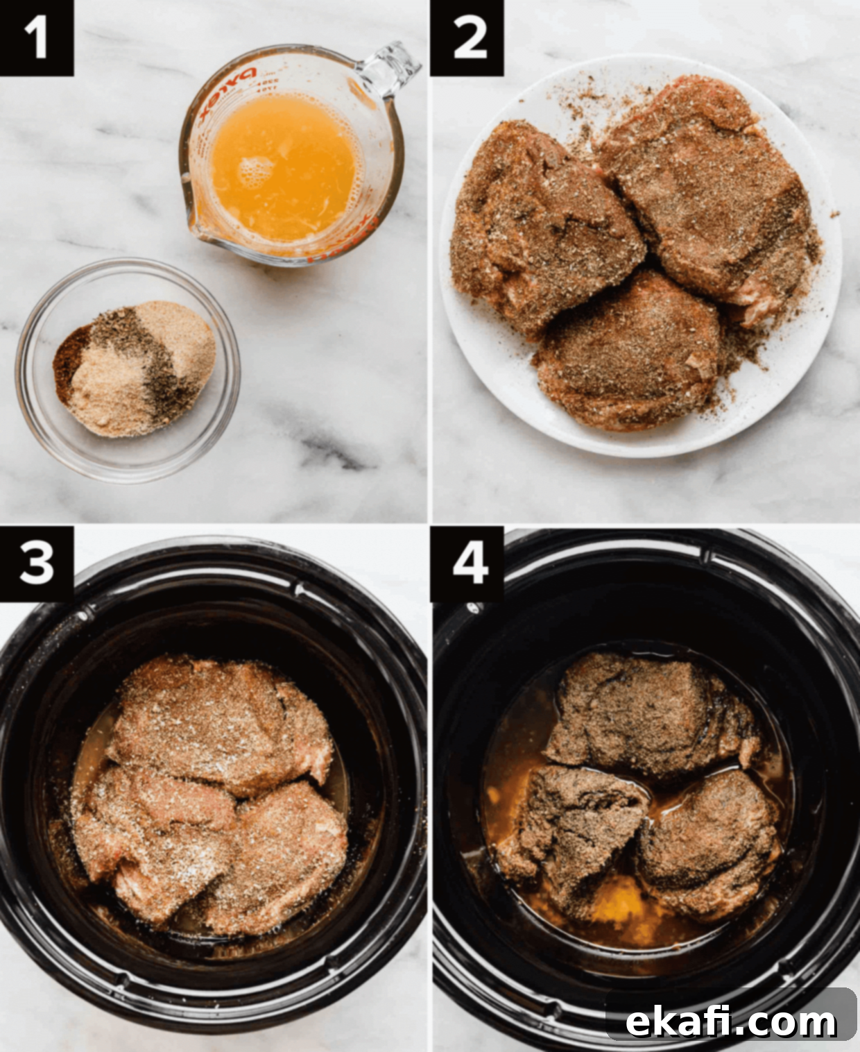 Carnitas 4 Four photos showing the process of how to make pork carnitas, top left image is a glass bowl of seasonings and a bowl of orange juice on white background, top right is raw pork shoulder with seasoning rubbed on it, bottom left photo is raw seasoned pork in a black slow cooker, bottom right photo is juicy pork shoulder in a slow cooker.