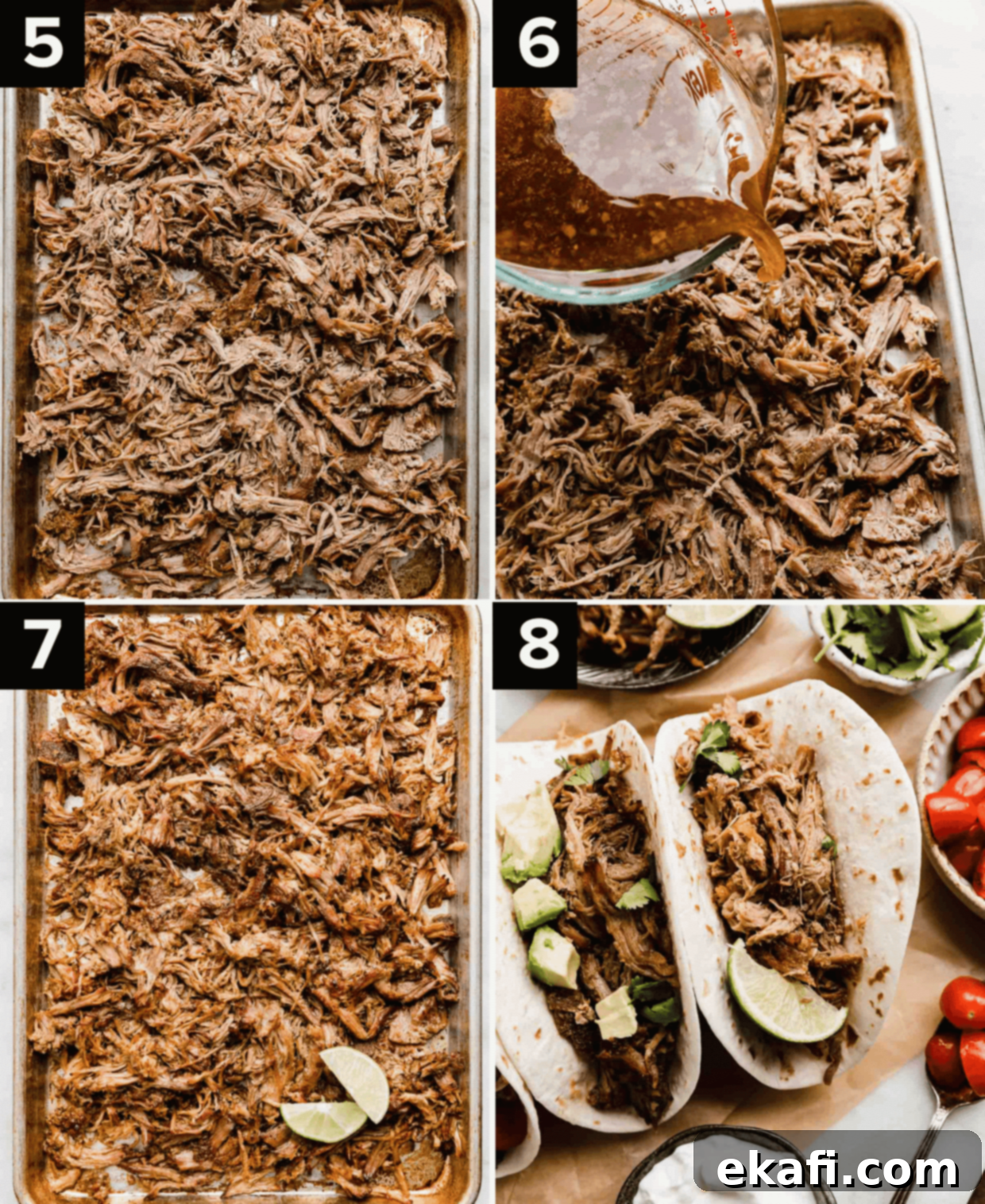 Carnitas 5 Four images showing Mexican pulled pork on a baking sheet, top right image has leftover pork juice being poured overtop, bottom left is crispy pulled pork on a baking sheet, bottom right is pork carnitas in flour tortillas.