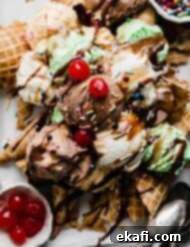 The Sweet Scoop Fiesta 8 Scoops of chocolate, vanilla, and mint ice cream on top of waffle cones with hot fudge, and maraschino cherries on top.