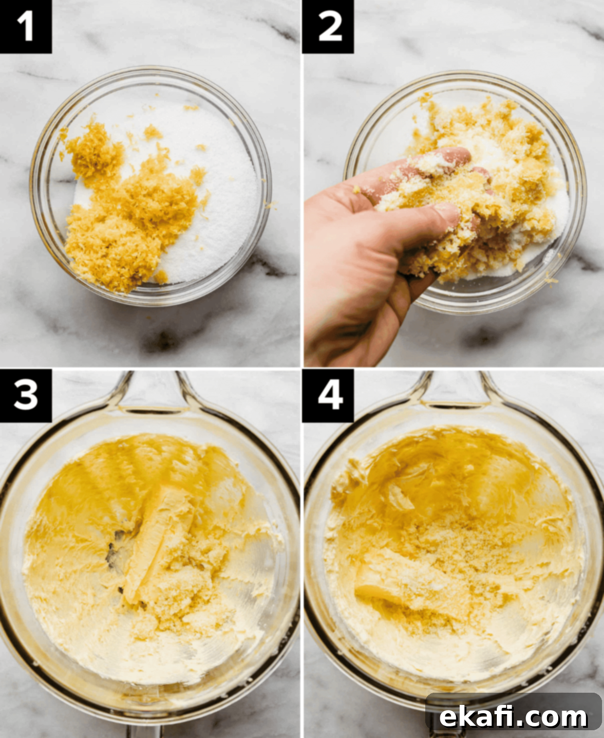 Sunshine Lemon Shortbread 4 Four images, top left is sugar and lemon zest in glass bowl, top right is a hand rubbing sugar and lemon zest together, bottom left is creamed butter and sugar in a glass bowl, bottom right is creamed butter and lemon and sugar in a glass bowl.