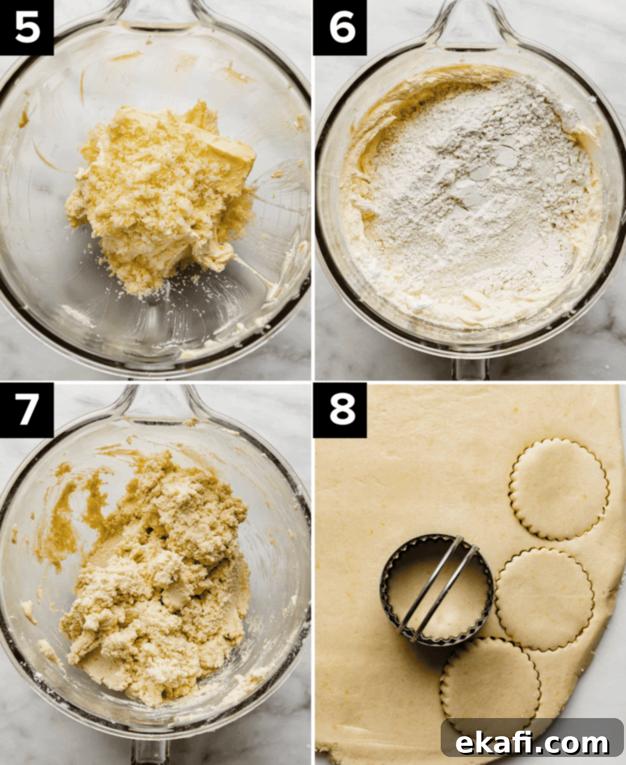 Sunshine Lemon Shortbread 5 Four images, top left image is creamed butter and sugar in glass bowl, top right is a glass bowl with creamed butter and sugar and flour overtop, bottom left is Lemon Shortbread Cookie dough in glass bowl, bottom right image is Lemon Shortbread Cookie dough spread into thick layer and round cookie cutter on the dough.