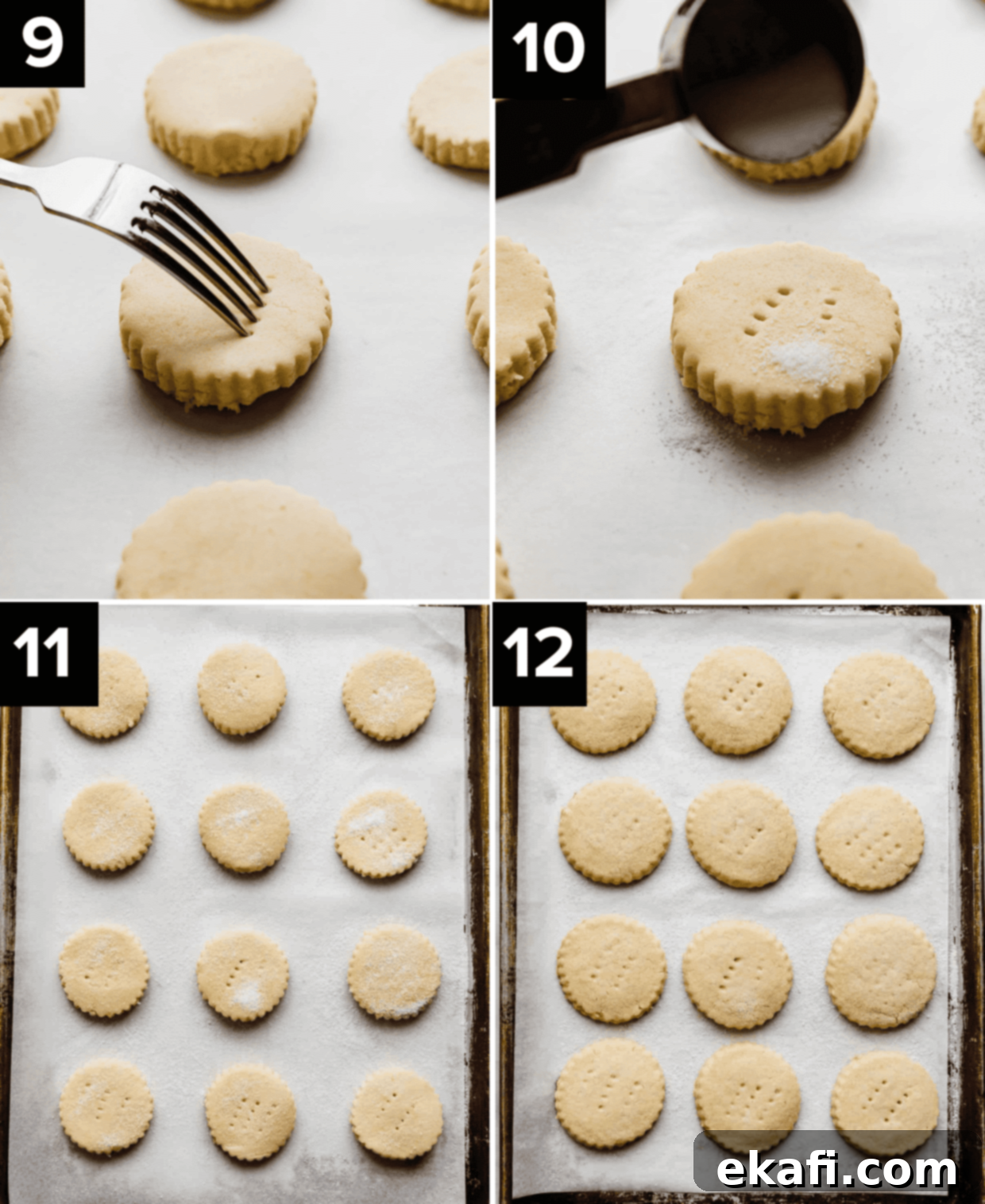 Sunshine Lemon Shortbread 6 Four images showing how to make Lemon Shortbread Cookies, top left image is a fork piercing a lemon shortbread, top right image is sugar sprinkled overtop of Lemon Shortbread Cookies, bottom left is Lemon Shortbread Cookies on a baking sheet prior to baking, and bottom right image is baked lemon biscuits on a baking sheet.