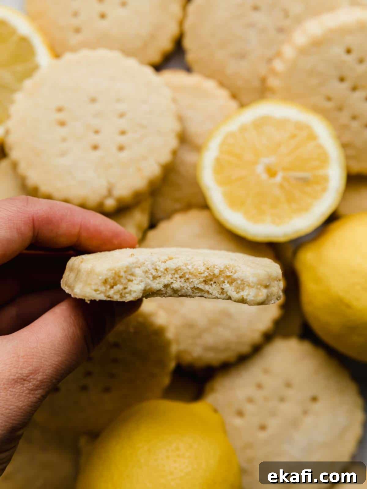Sunshine Lemon Shortbread 7 A hand holding a lemon biscuit cookie with sliced lemons and other Lemon Shortbread Cookies in the background.
