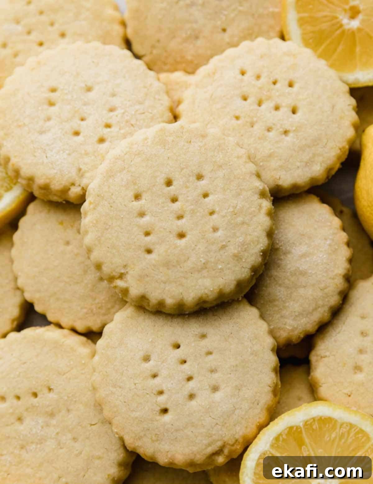 Sunshine Lemon Shortbread 8 Round Lemon Shortbread Cookies with fork tine piercings on the tops of each cookie.