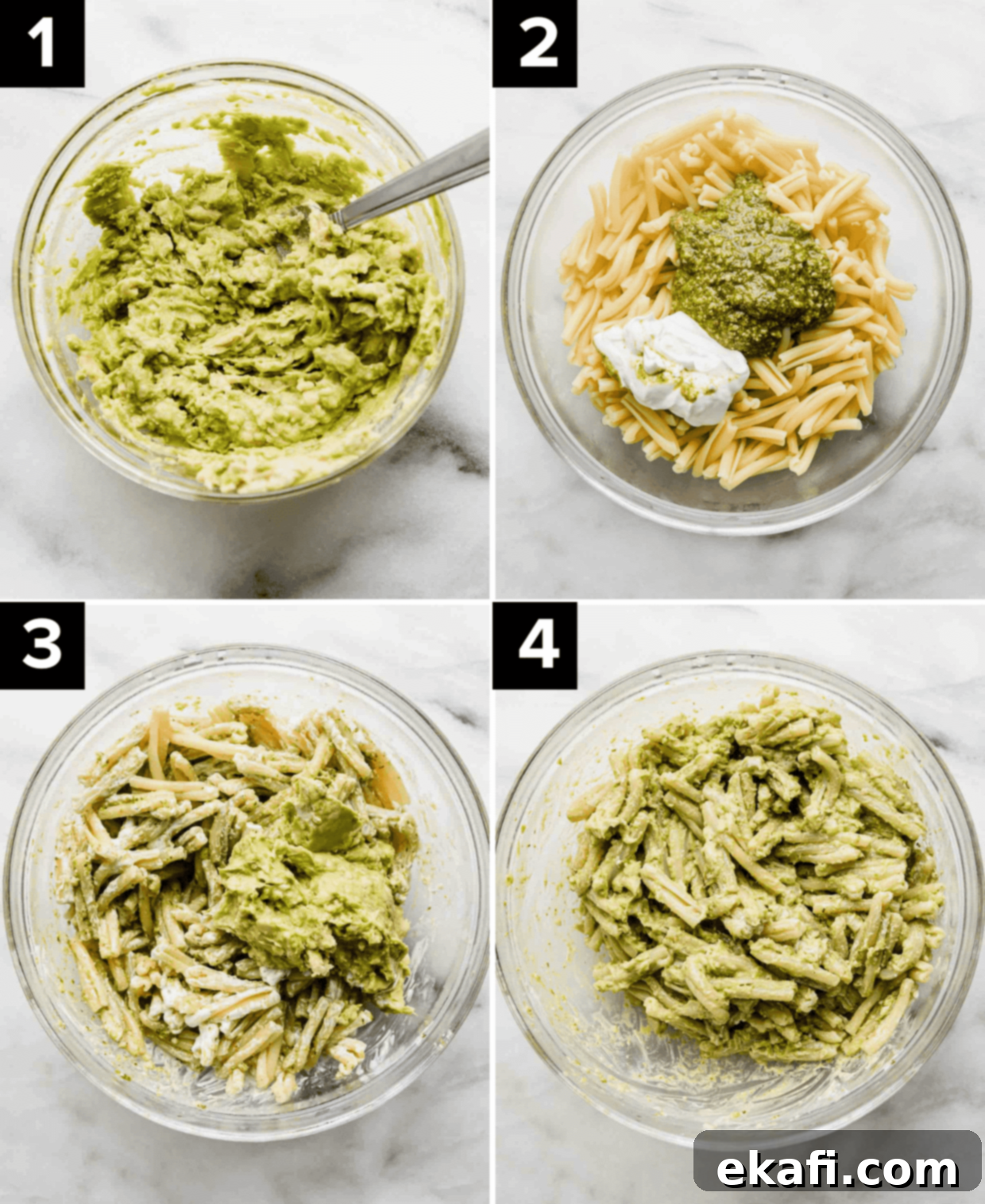 Vibrant Avocado Pesto Pasta 4 Four images showing how to make Avocado Pesto Pasta: mashed avocado, pasta with pesto and sour cream, pasta with all ingredients, and the finished dish.