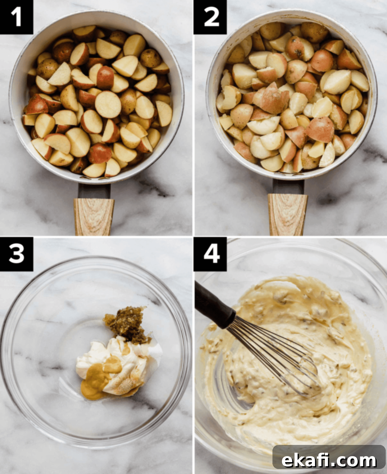Homestyle Baby Potato Salad 4 Four images top left and right is baby potatoes in saucepan, bottom left glass bowl with mayo, relish, mustard, bottom right is a whisk mixing potato salad dressing.