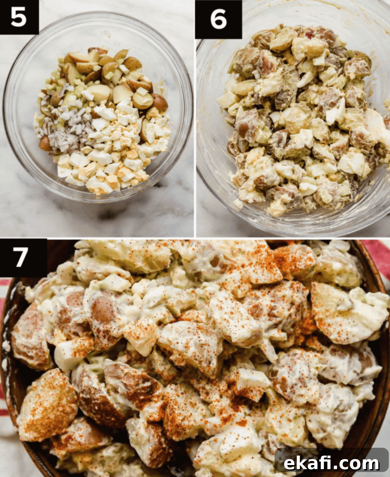 Homestyle Baby Potato Salad 5 Top left is glass bowls with baby potato salad without being mixed into the mayo dressing, top right is baby potato salad in glass bowl, bottom photo is paprika topped potato salad.